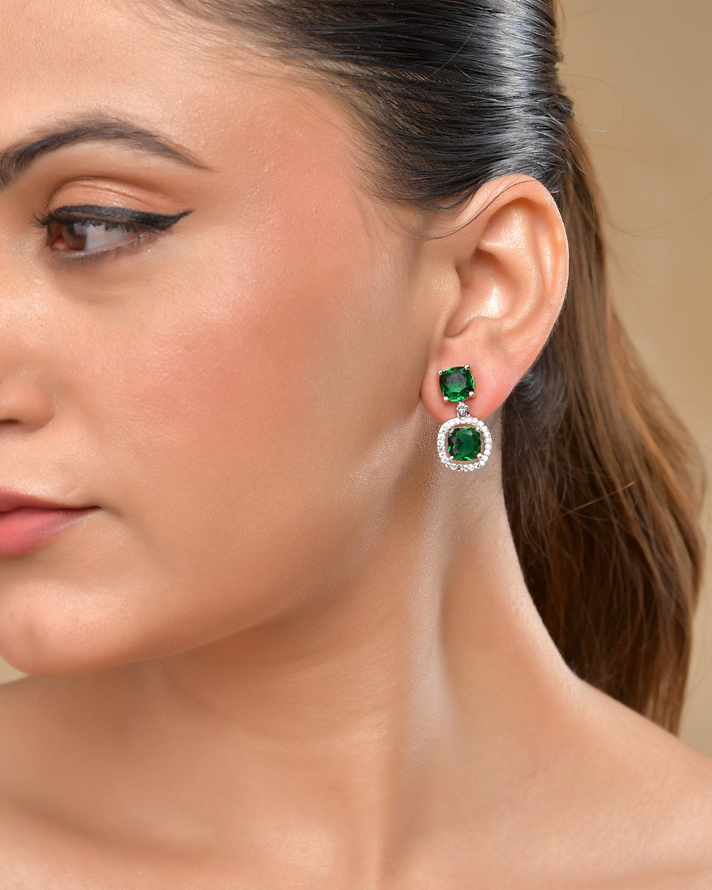 VOJ Silver Plated Green Stone Geometrical Shaped Earrings