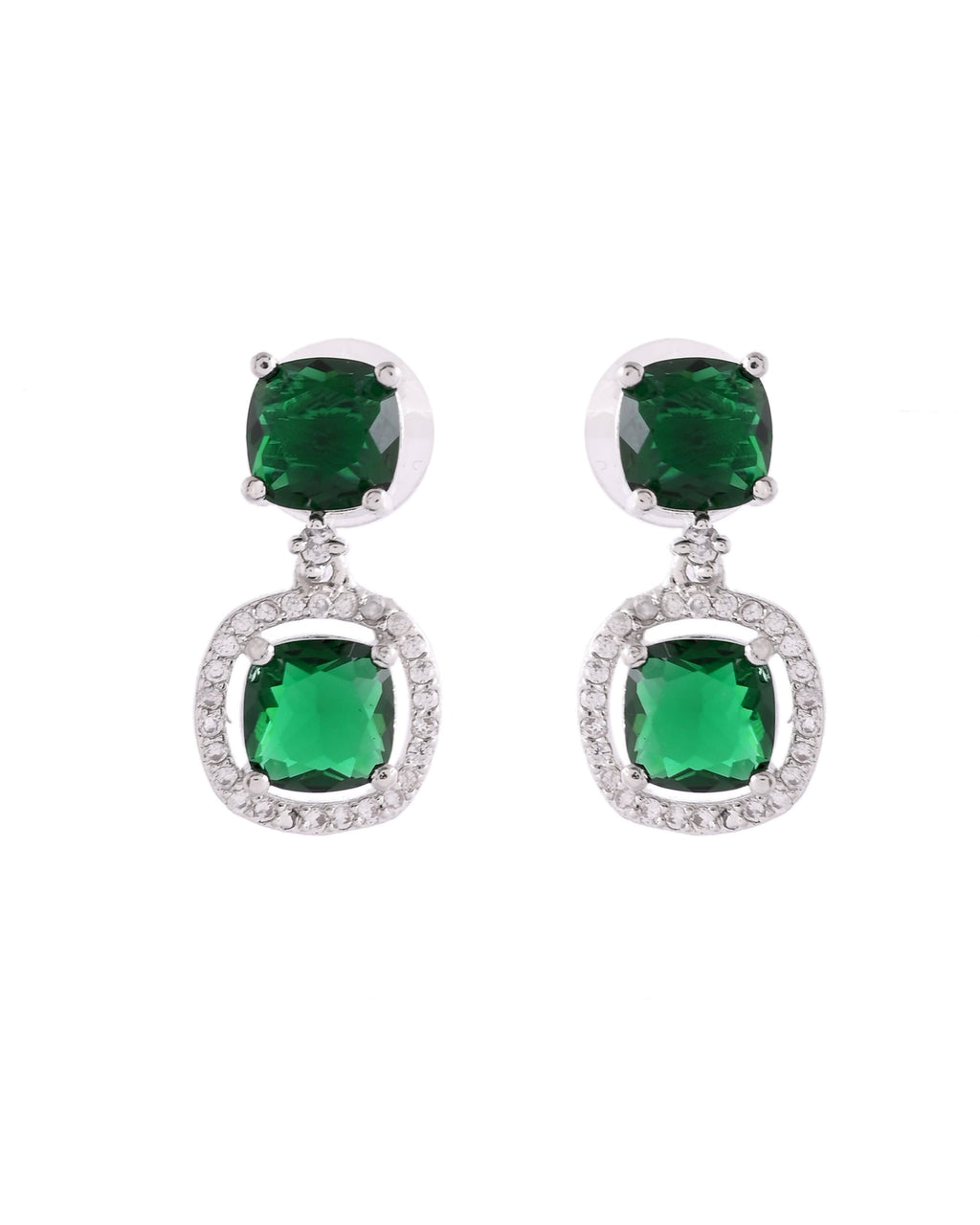 VOJ Silver Plated Green Stone Geometrical Shaped Earrings