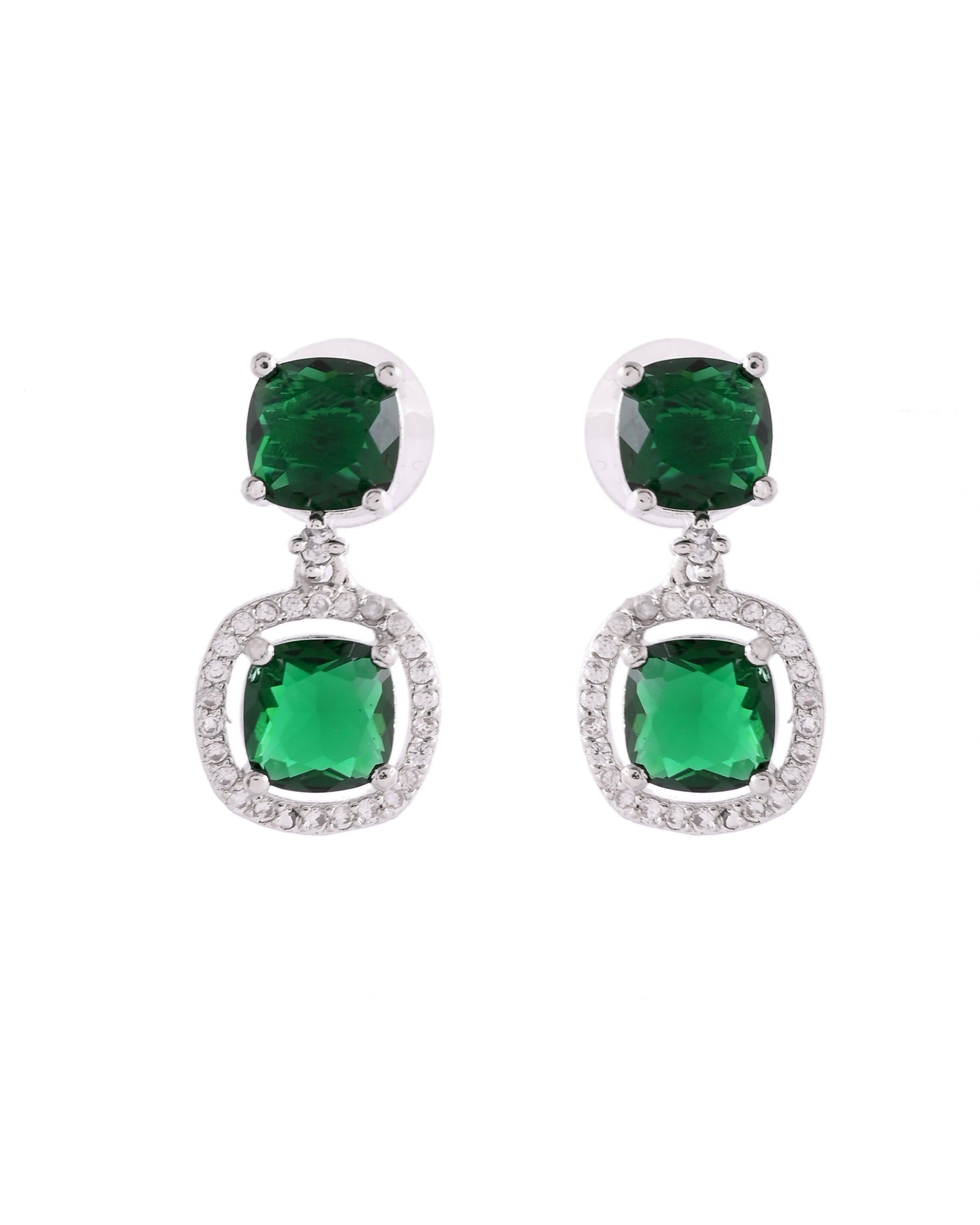 VOJ Silver Plated Green Stone Geometrical Shaped Earrings