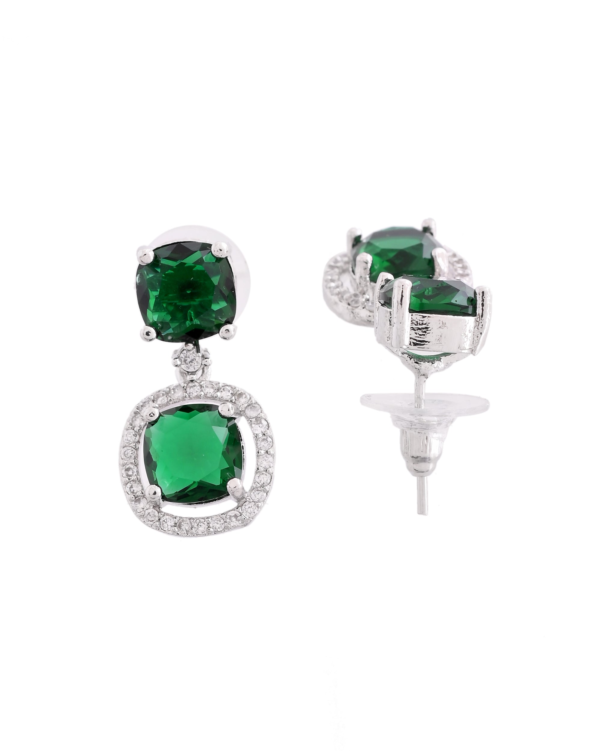 VOJ Silver Plated Green Stone Geometrical Shaped Earrings