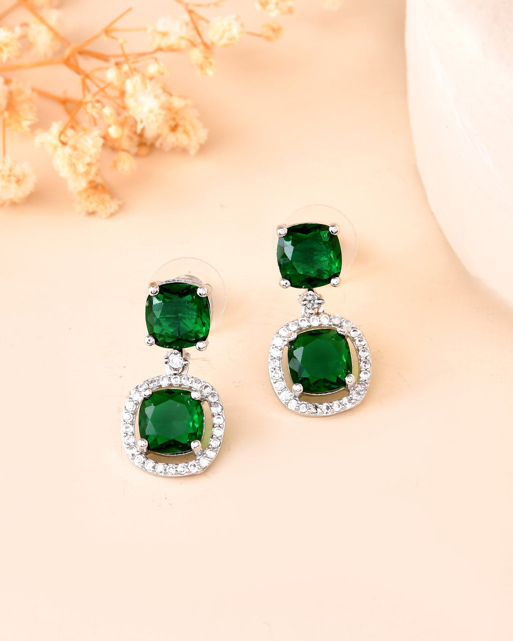 VOJ Silver Plated Green Stone Geometrical Shaped Earrings