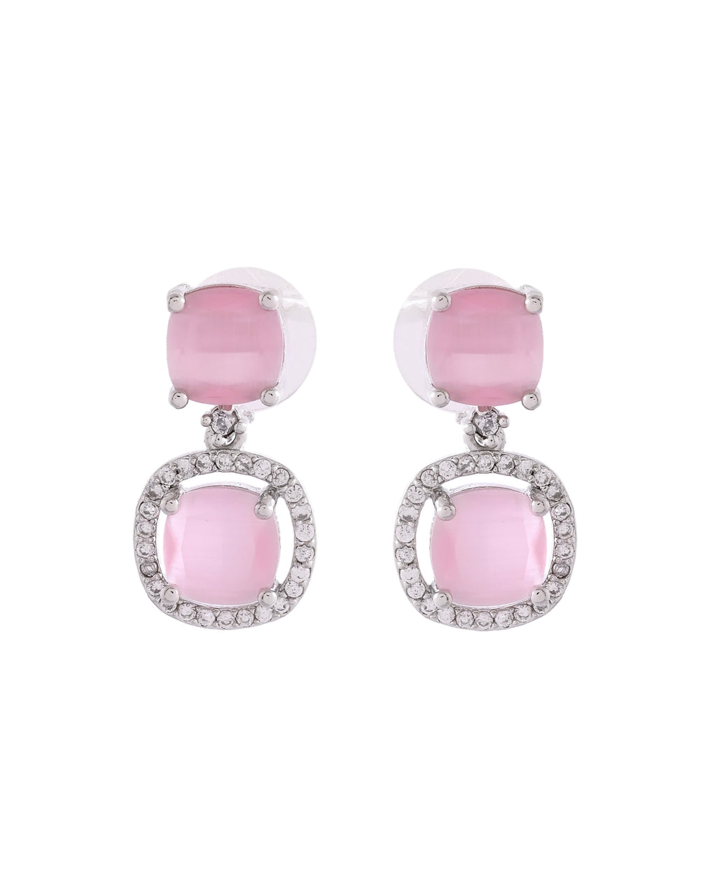 VOJ Silver Plated Baby Pink Stone Geometrical Shaped Earrings