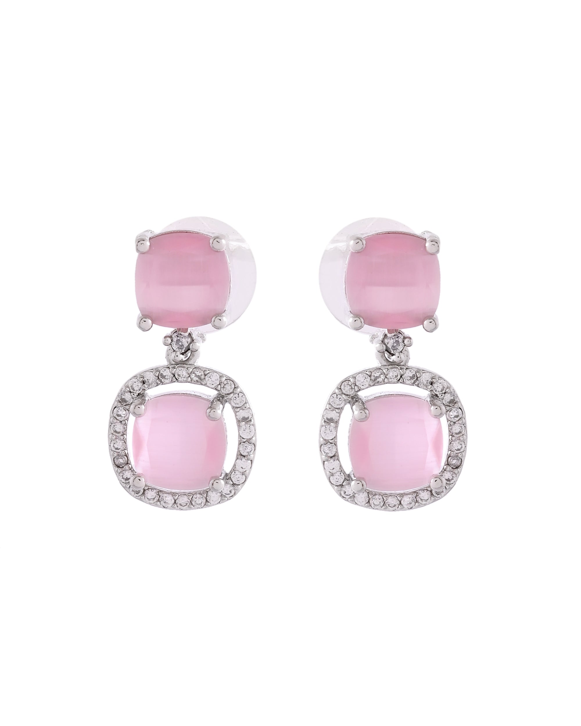 VOJ Silver Plated Baby Pink Stone Geometrical Shaped Earrings