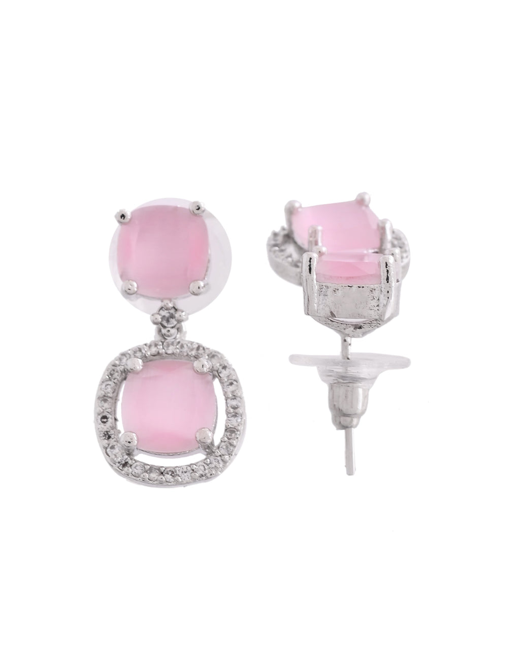 VOJ Silver Plated Baby Pink Stone Geometrical Shaped Earrings
