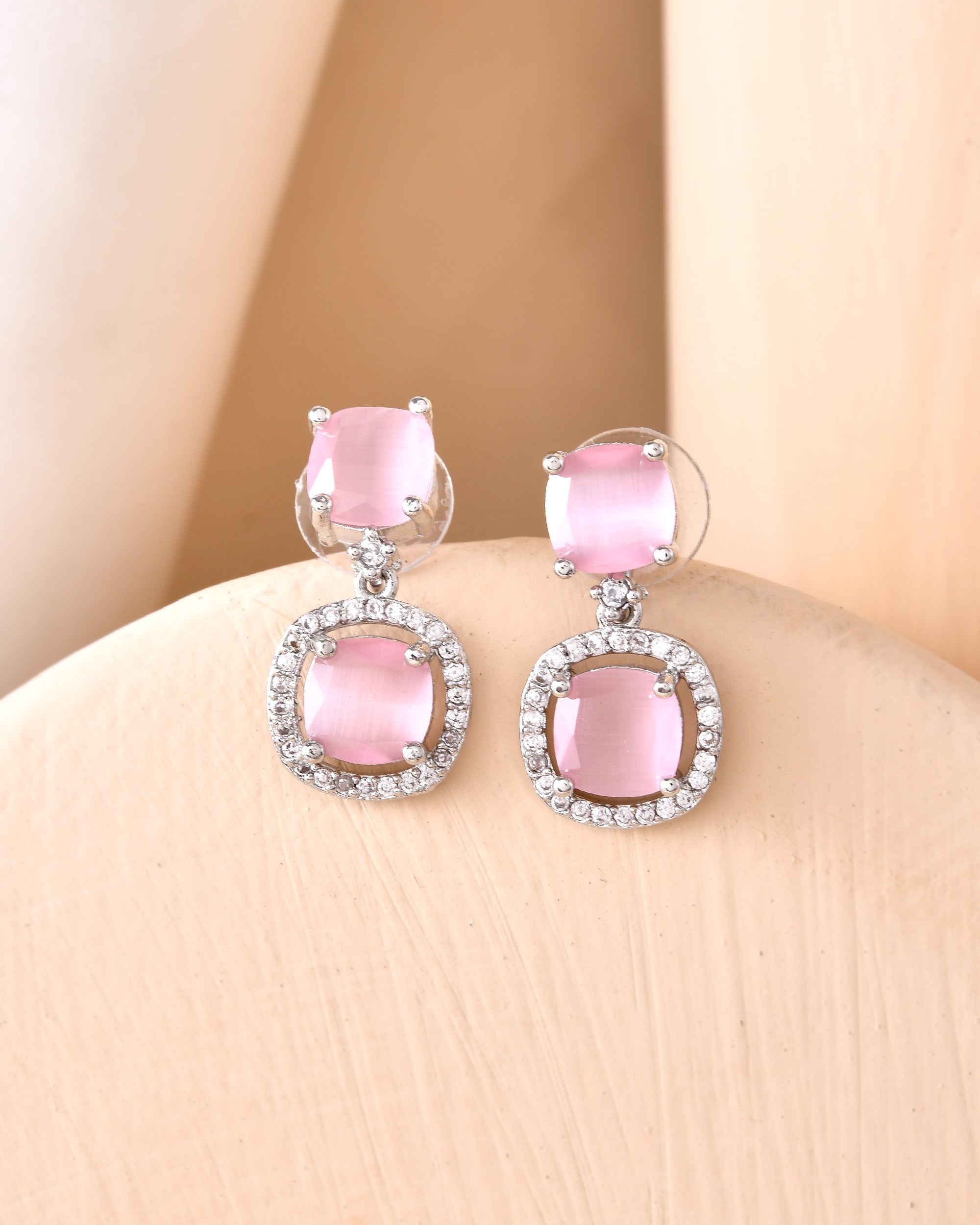 VOJ Silver Plated Baby Pink Stone Geometrical Shaped Earrings