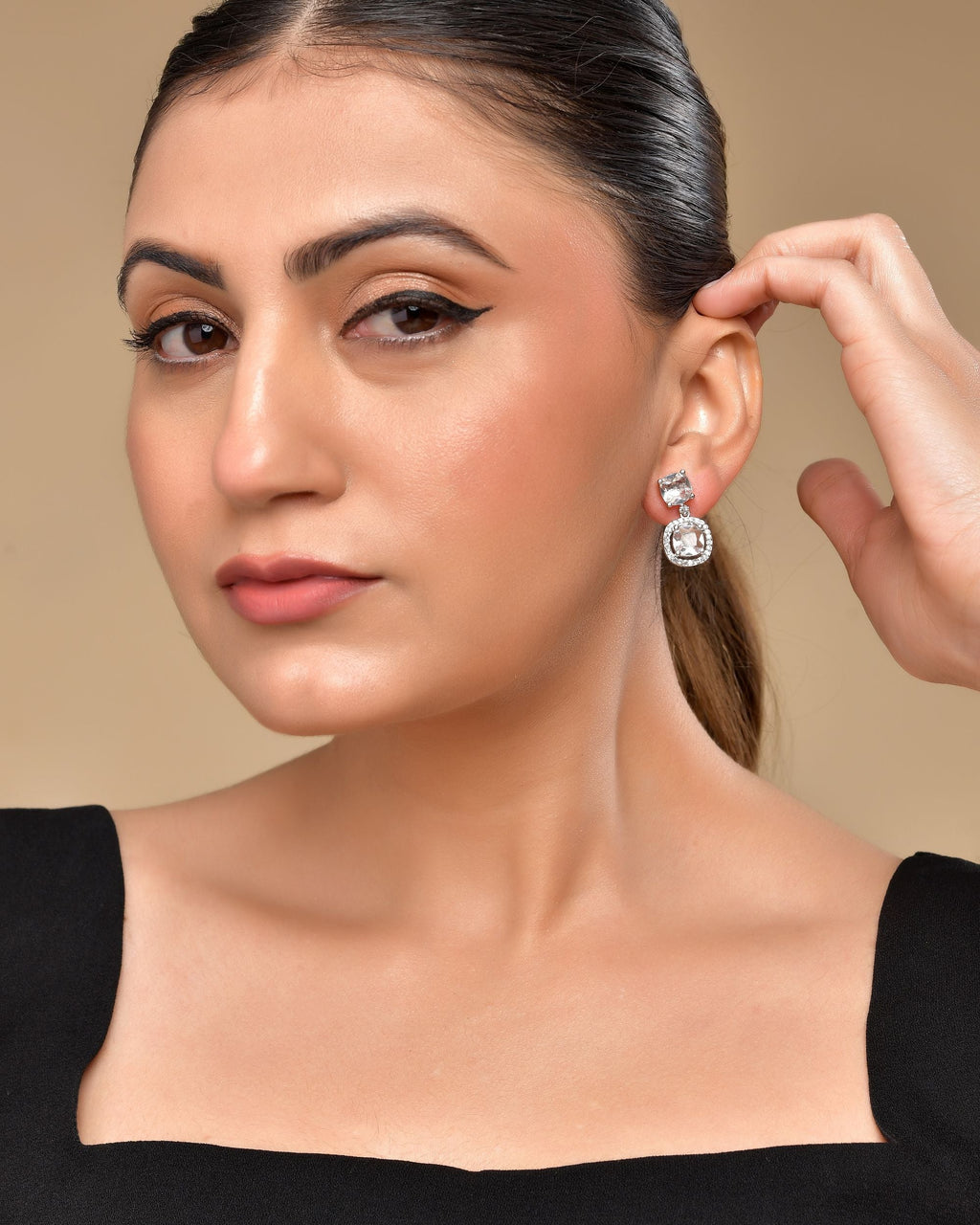 VOJ Silver Plated Stone Geometrical Shaped Earrings