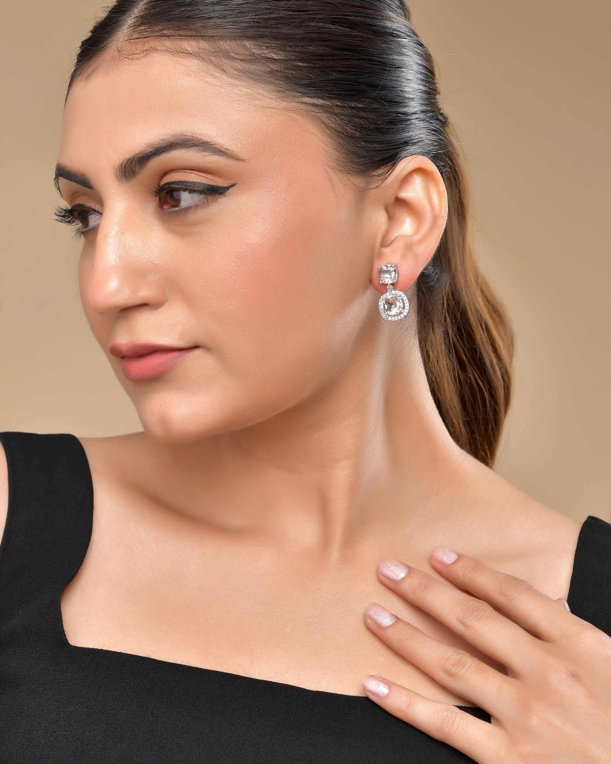 VOJ Silver Plated Stone Geometrical Shaped Earrings