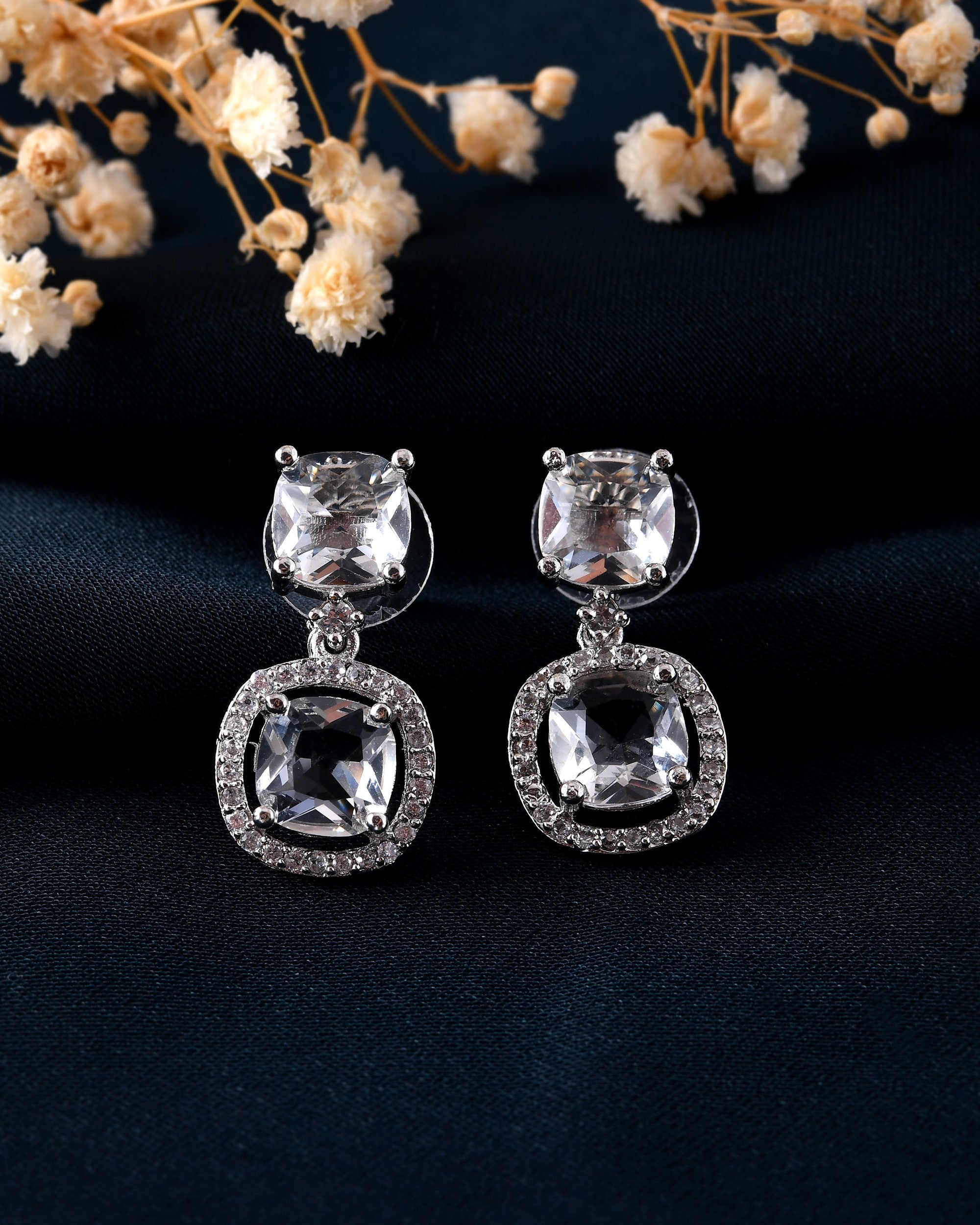 VOJ Silver Plated Stone Geometrical Shaped Earrings