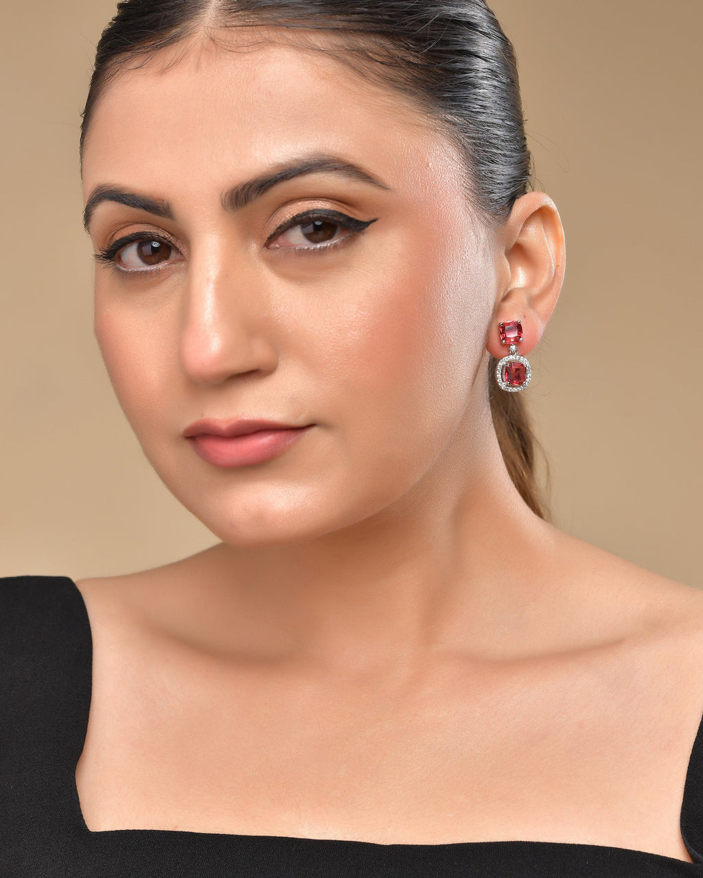 VOJ Silver Plated Red Stone Geometrical Shaped Earrings
