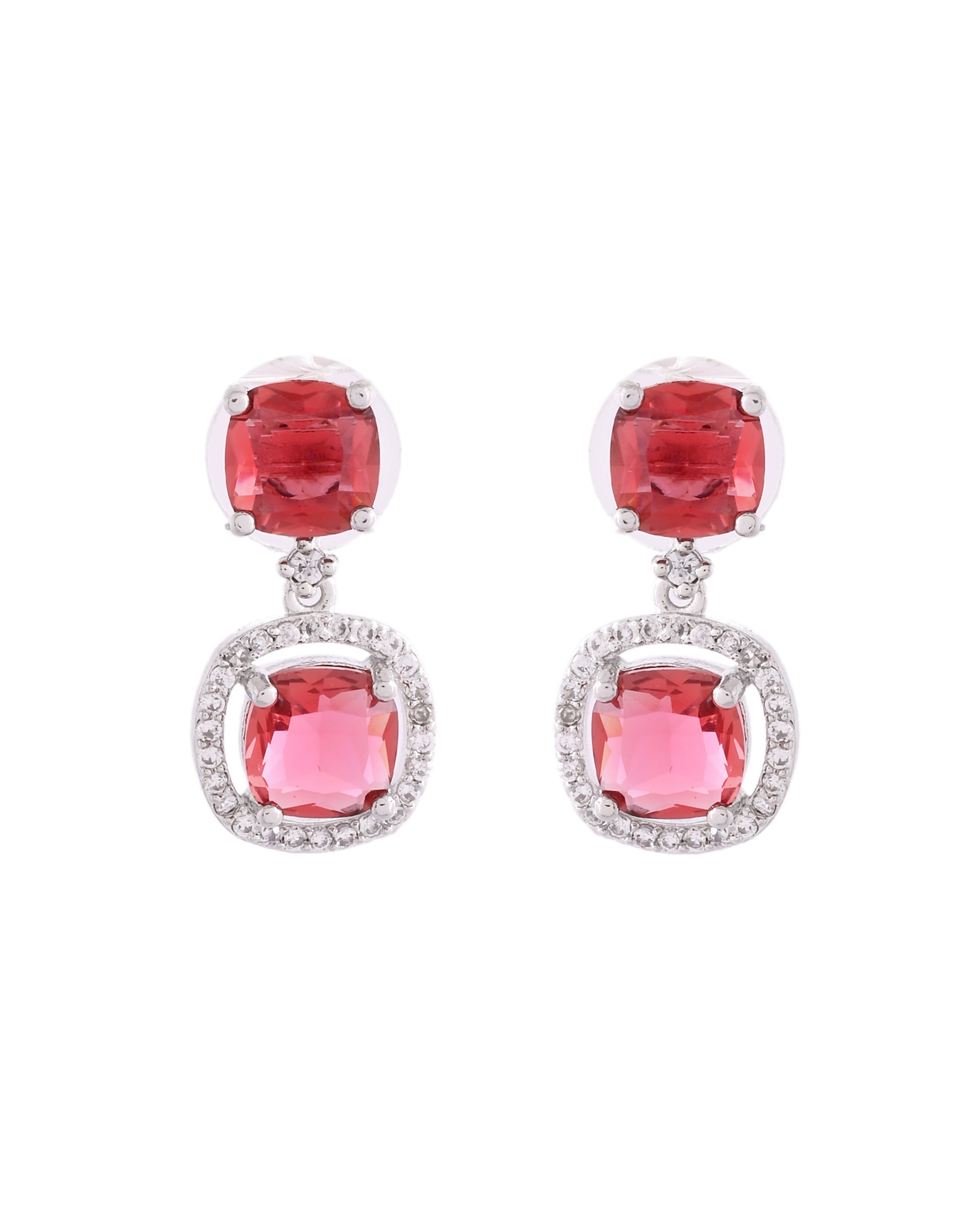 VOJ Silver Plated Red Stone Geometrical Shaped Earrings