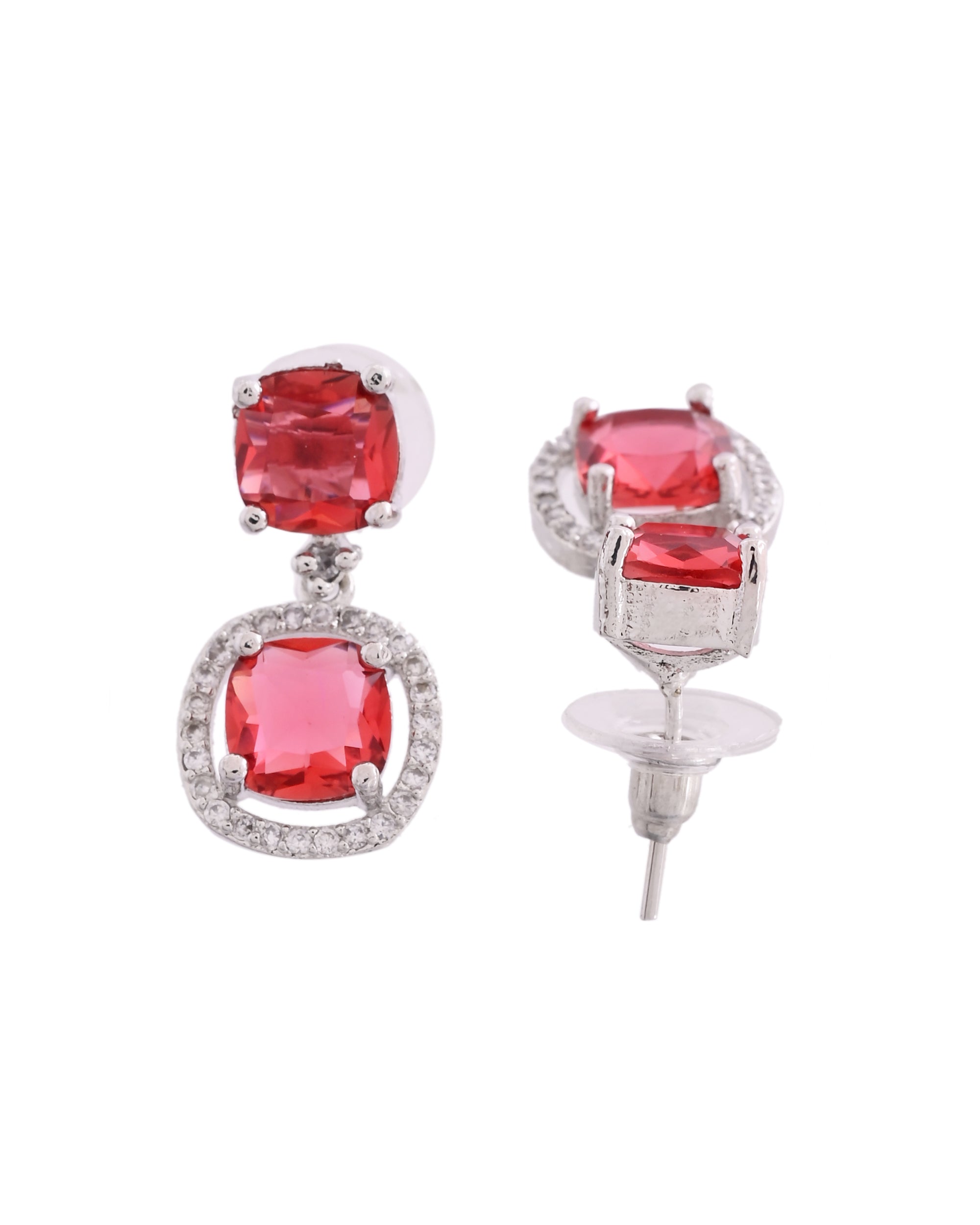 VOJ Silver Plated Red Stone Geometrical Shaped Earrings