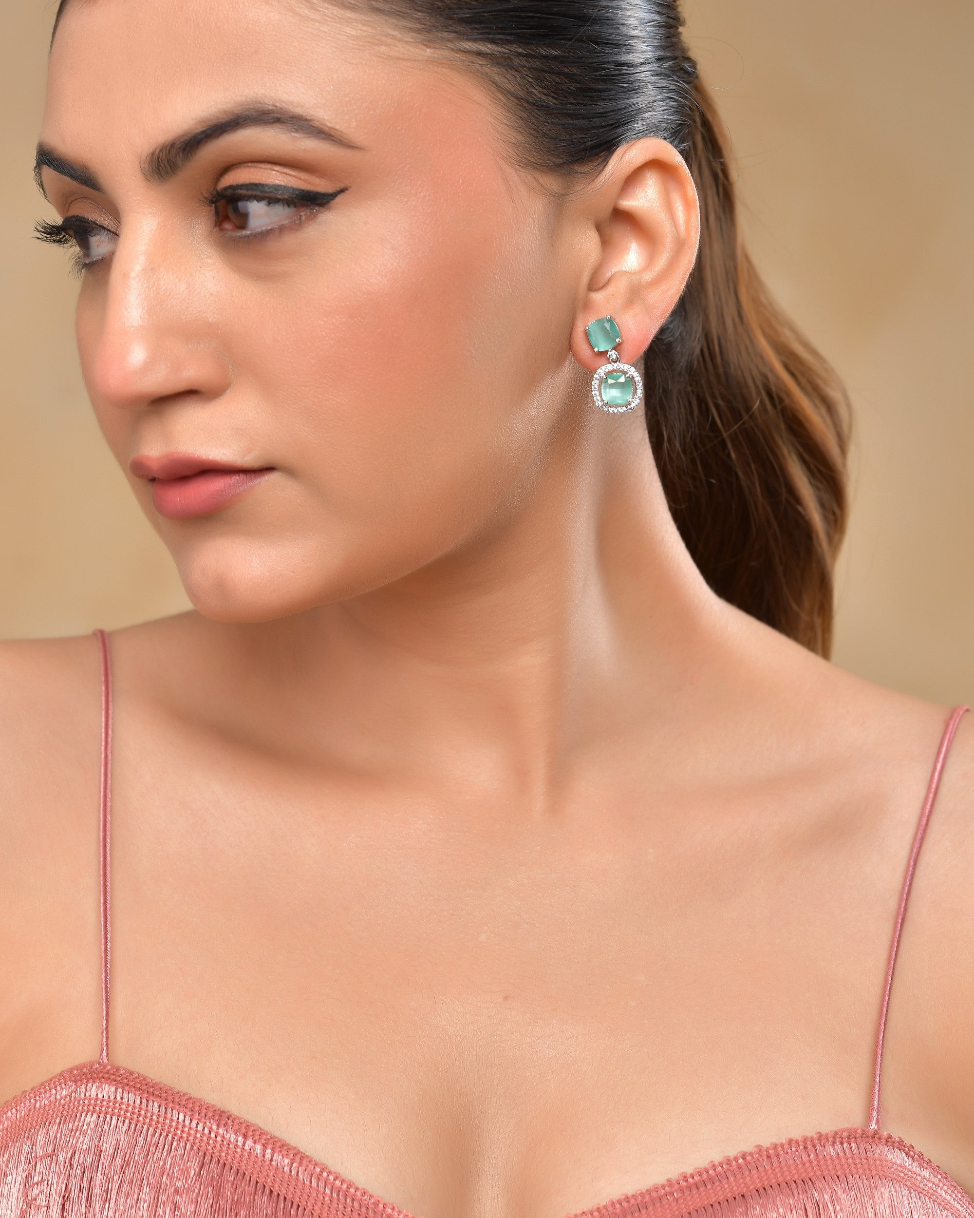 VOJ Silver Plated Sea Green Stone Geometrical Shaped Earrings