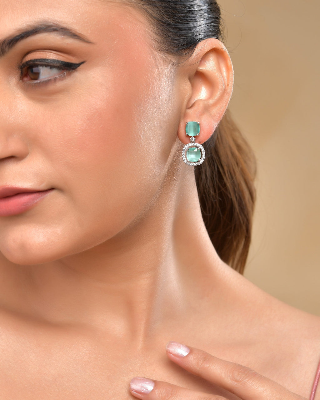 VOJ Silver Plated Sea Green Stone Geometrical Shaped Earrings