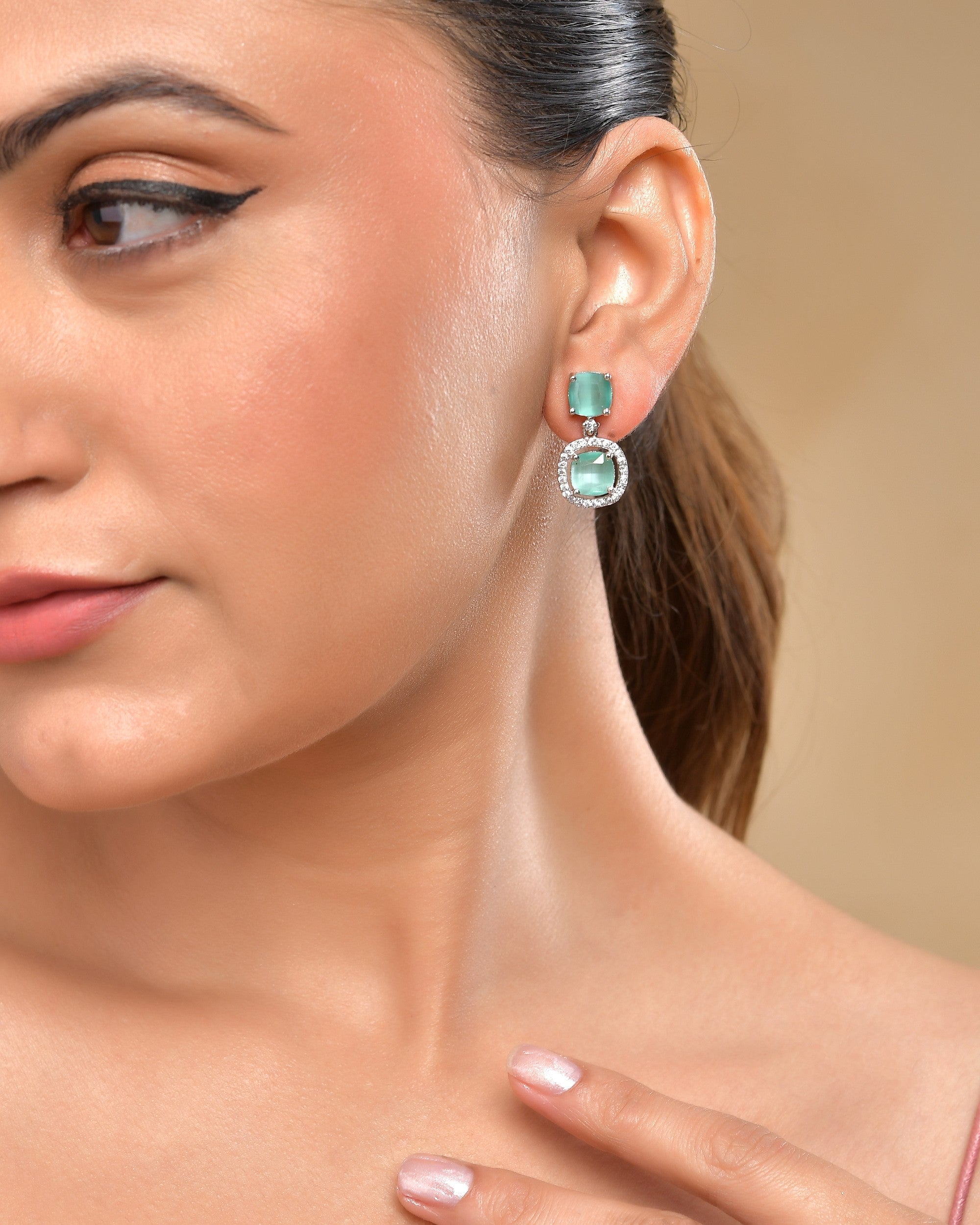 VOJ Silver Plated Sea Green Stone Geometrical Shaped Earrings