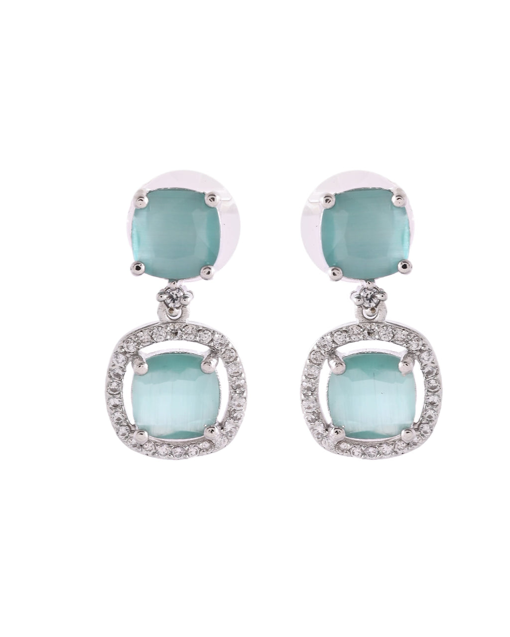 VOJ Silver Plated Sea Green Stone Geometrical Shaped Earrings