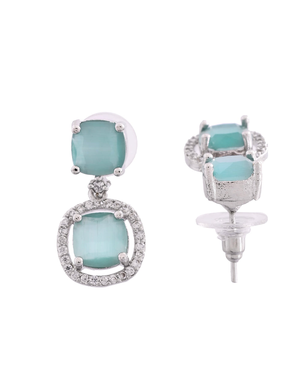 VOJ Silver Plated Sea Green Stone Geometrical Shaped Earrings