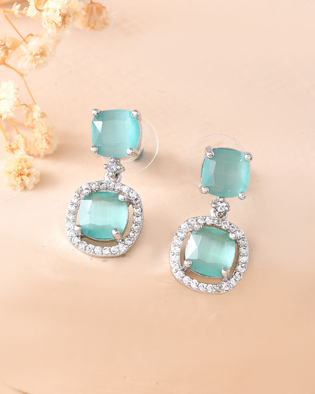 VOJ Silver Plated Sea Green Stone Geometrical Shaped Earrings