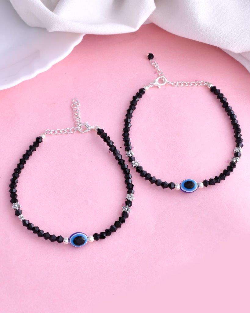 VOJ Set of 2 Silver Plated Beads Evil Eye Anklet