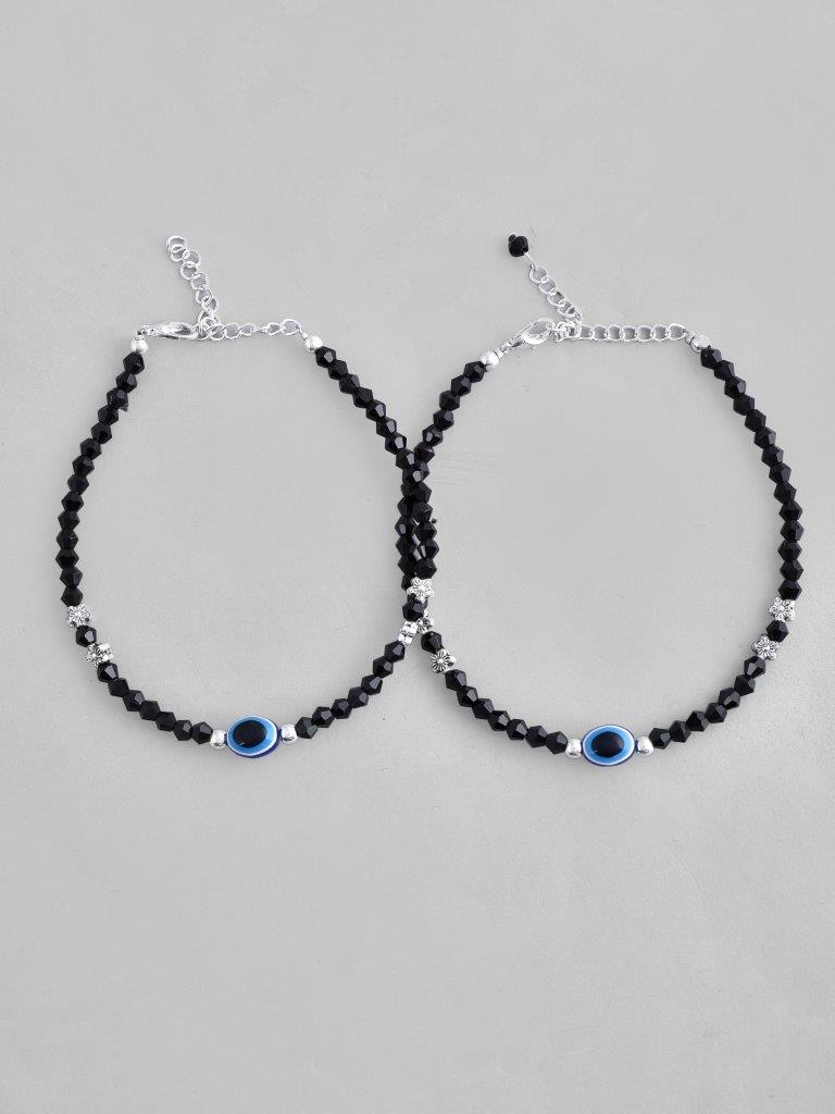 VOJ Set of 2 Silver Plated Beads Evil Eye Anklet