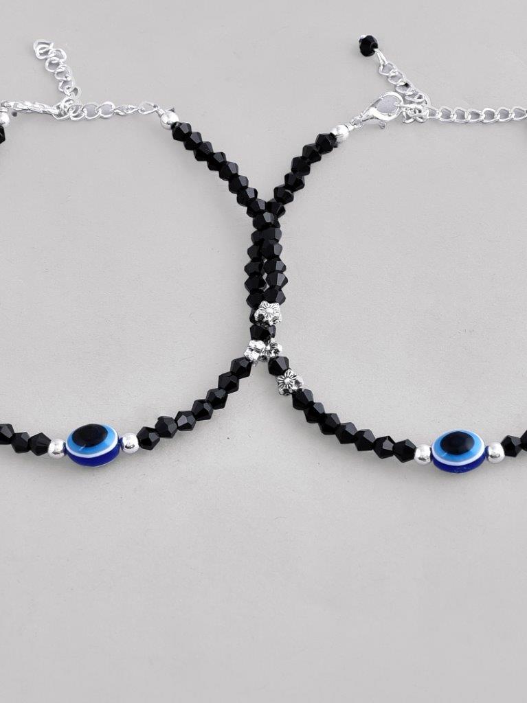 VOJ Set of 2 Silver Plated Beads Evil Eye Anklet