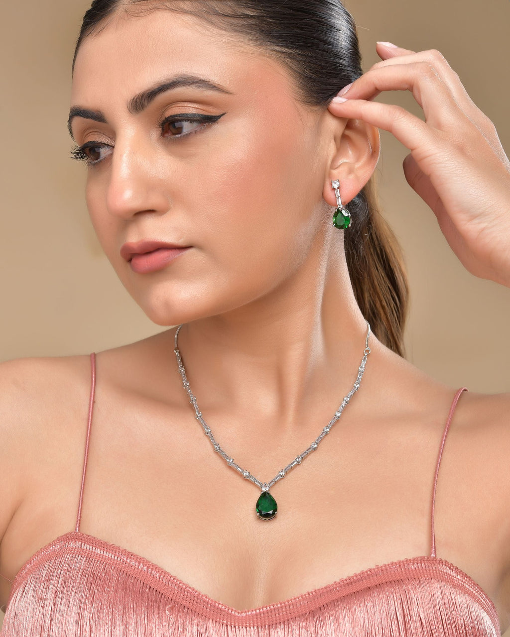 VOJ Silver Plated Green Teardrop Stone Studded Simple Jewellery Set