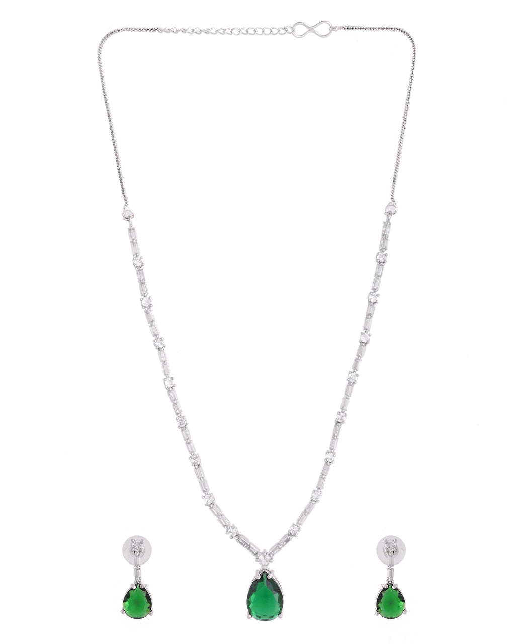 VOJ Silver Plated Green Teardrop Stone Studded Simple Jewellery Set