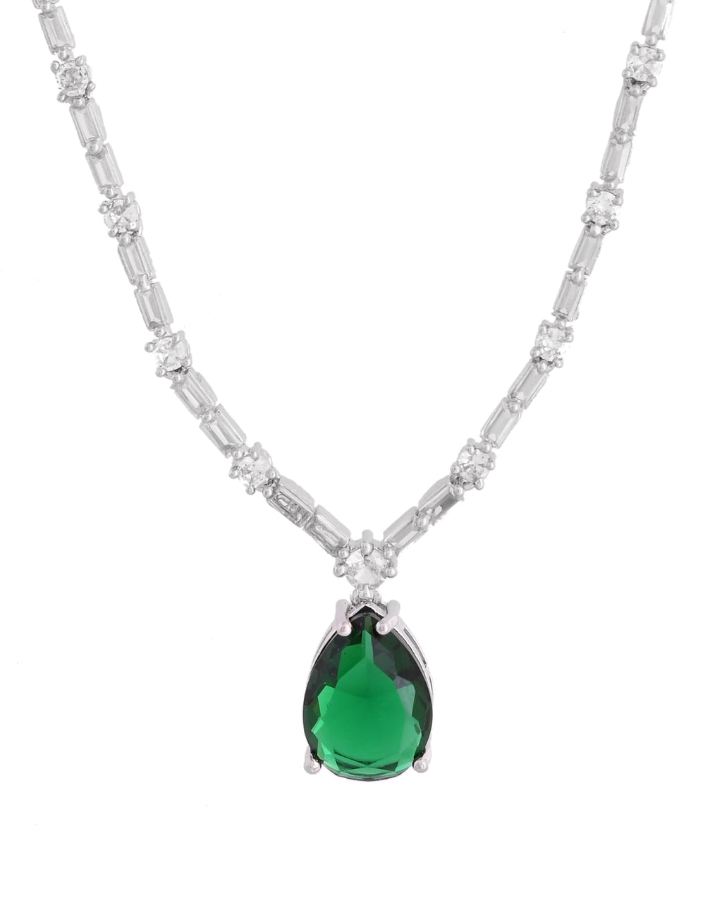 VOJ Silver Plated Green Teardrop Stone Studded Simple Jewellery Set