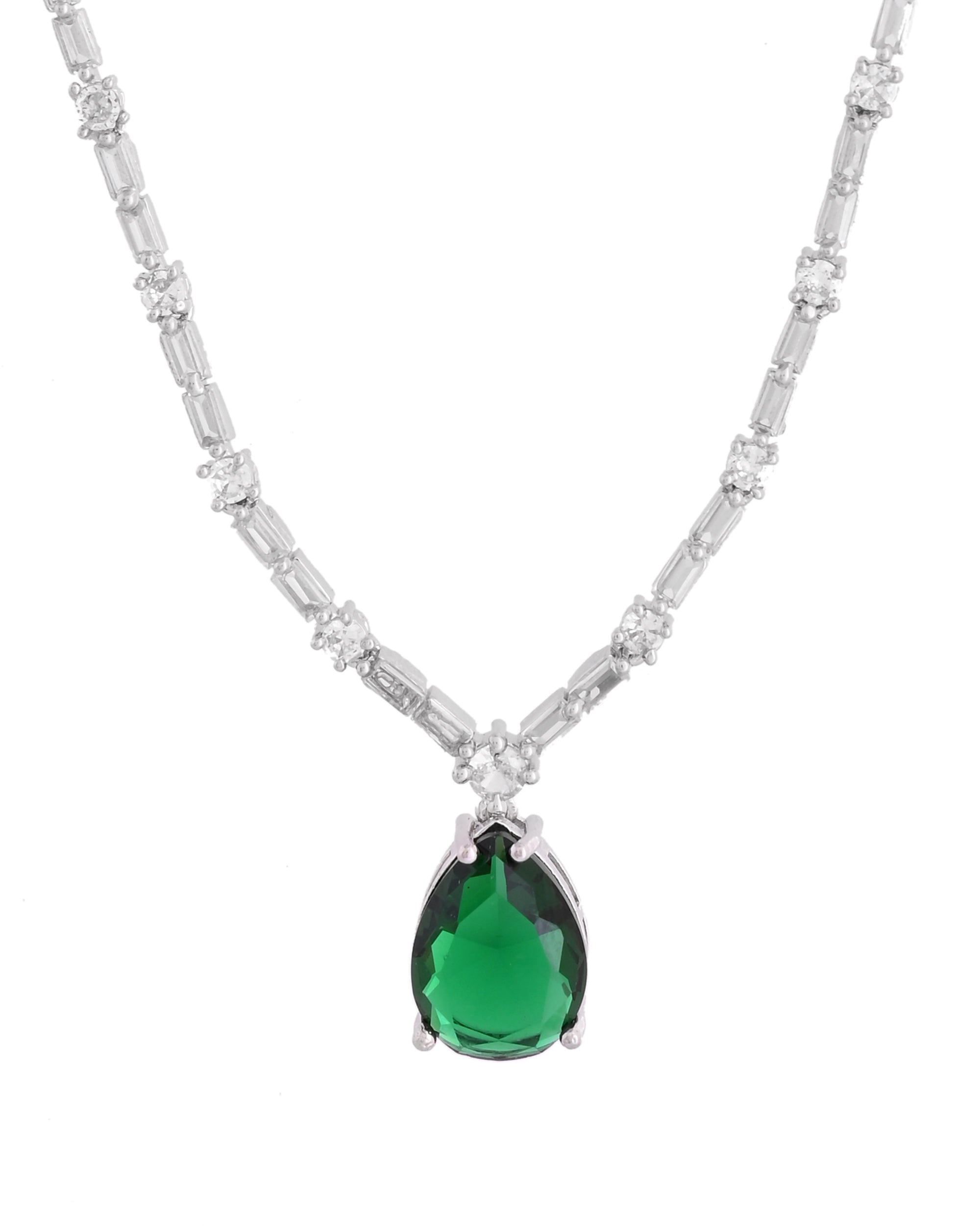 VOJ Silver Plated Green Teardrop Stone Studded Simple Jewellery Set