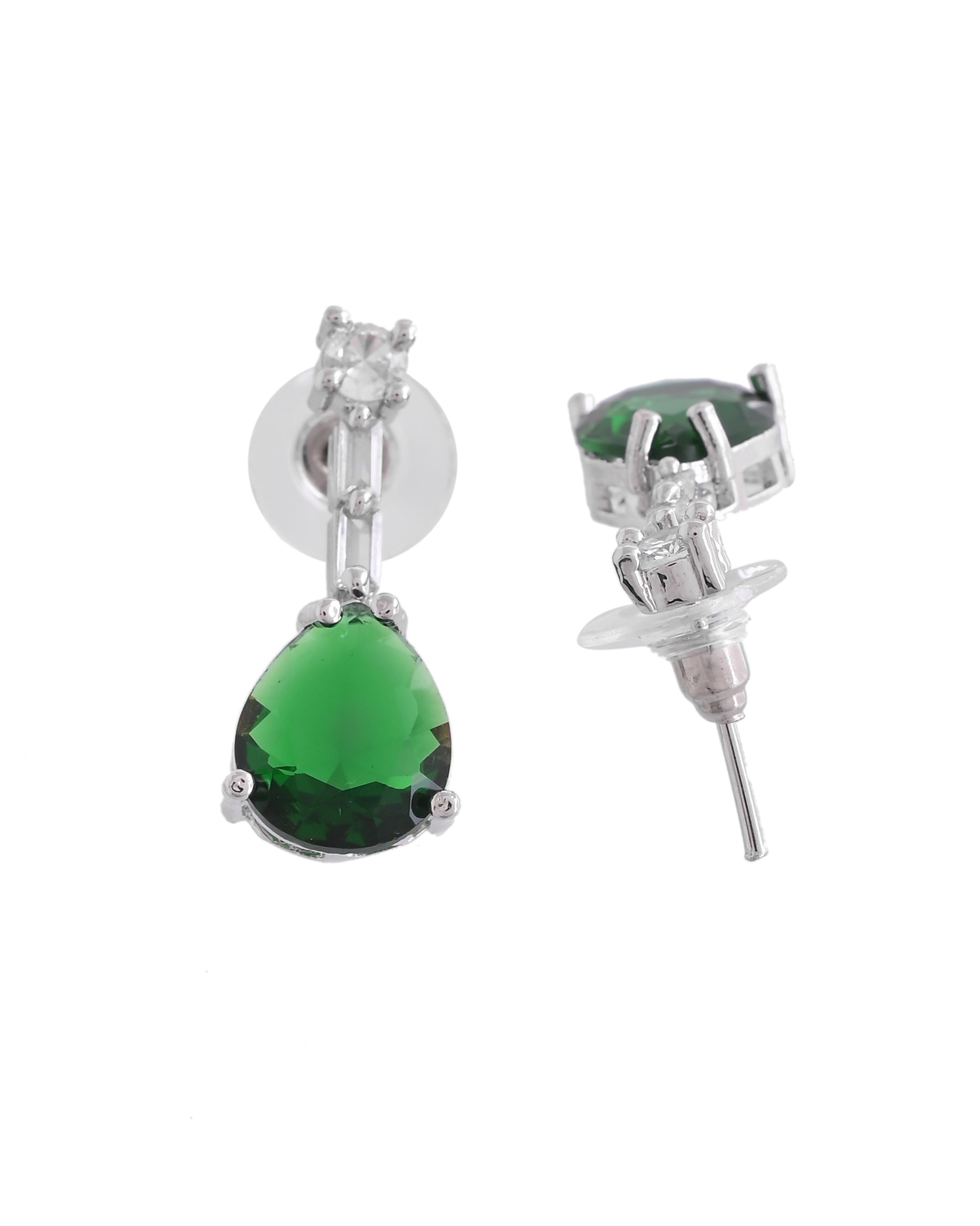 VOJ Silver Plated Green Teardrop Stone Studded Simple Jewellery Set