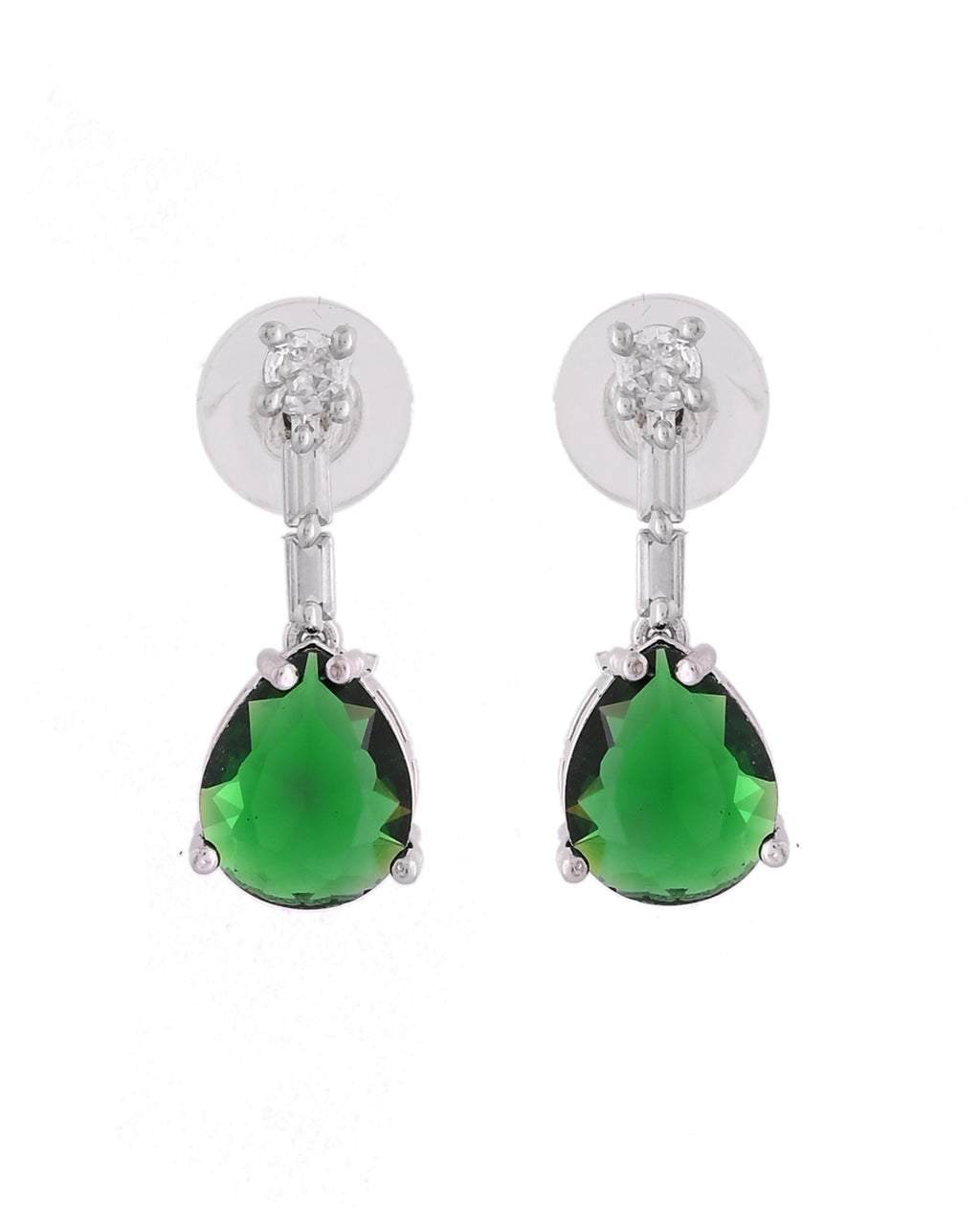 VOJ Silver Plated Green Teardrop Stone Studded Simple Jewellery Set