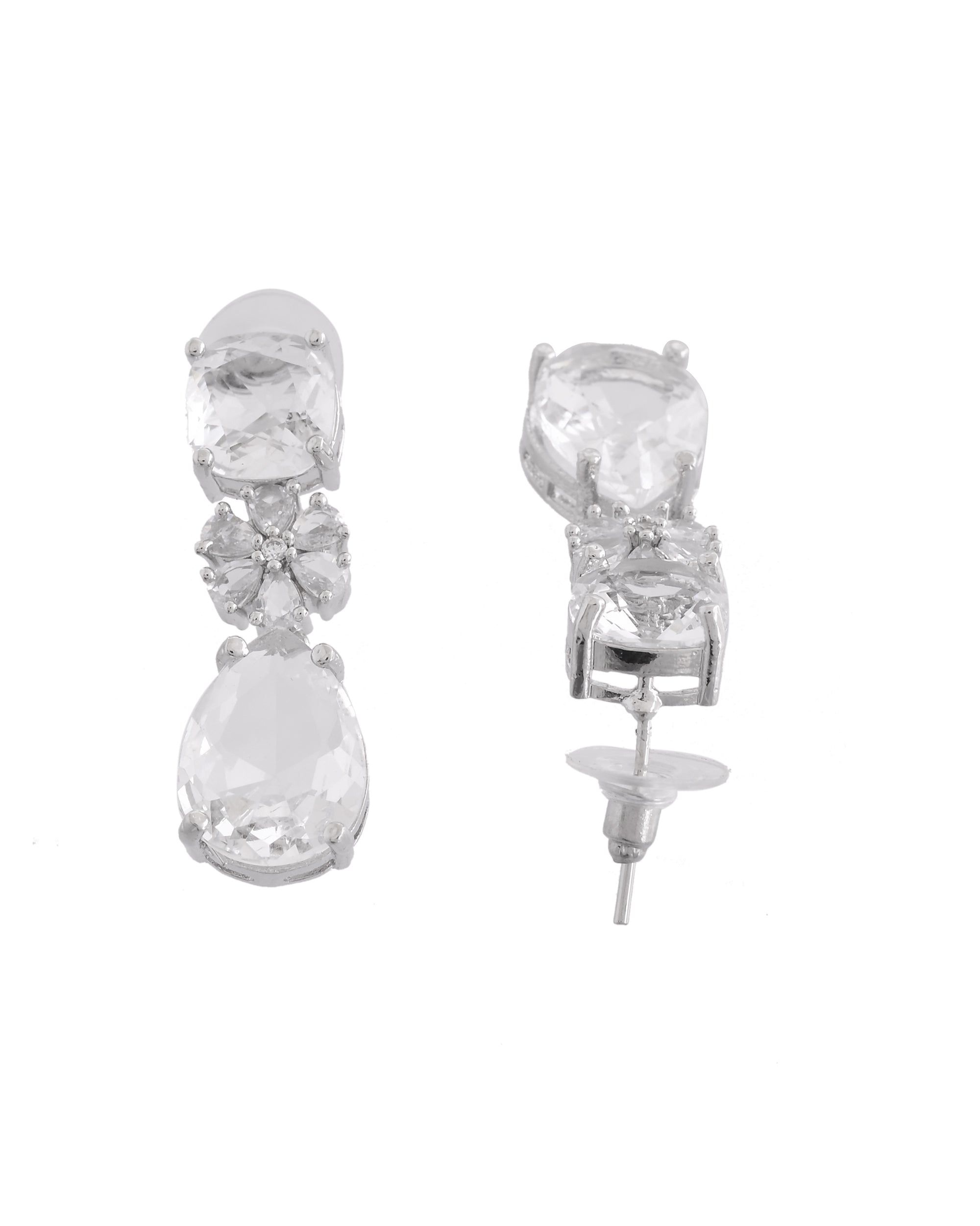 VOJ Silver Plated Stone Studded Floral Shaped Studs Earrings