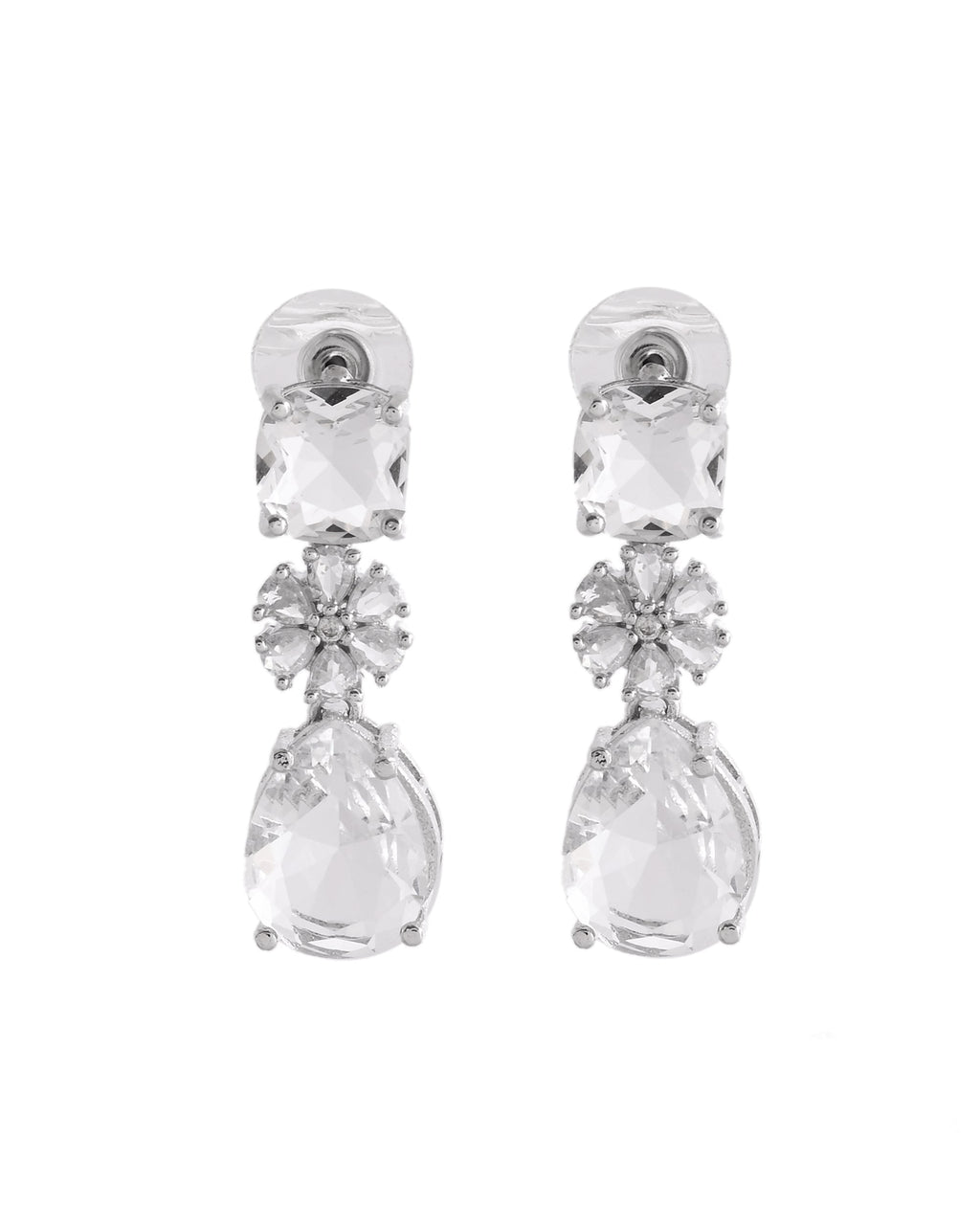 VOJ Silver Plated Stone Studded Floral Shaped Studs Earrings