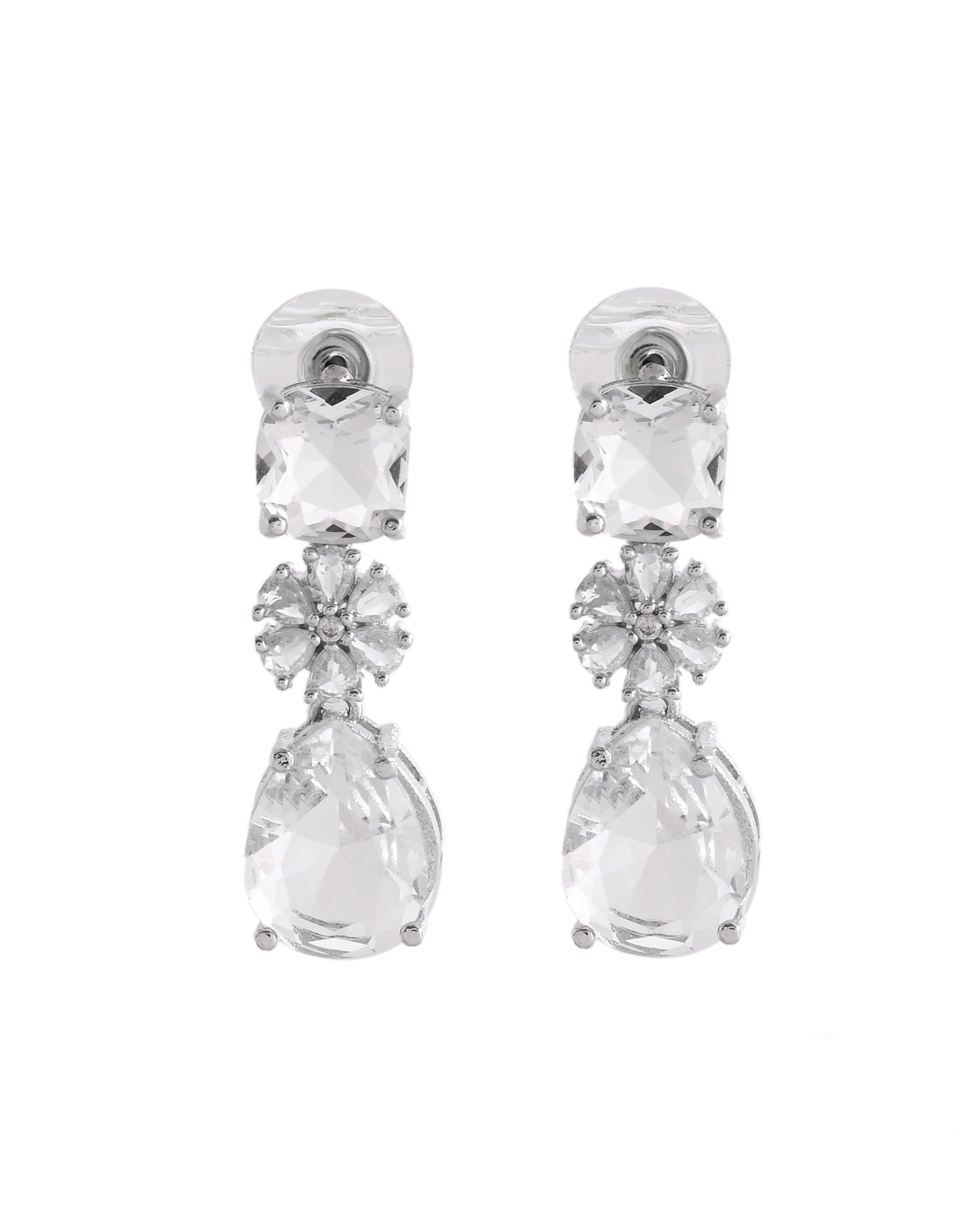 VOJ Silver Plated Stone Studded Floral Shaped Studs Earrings