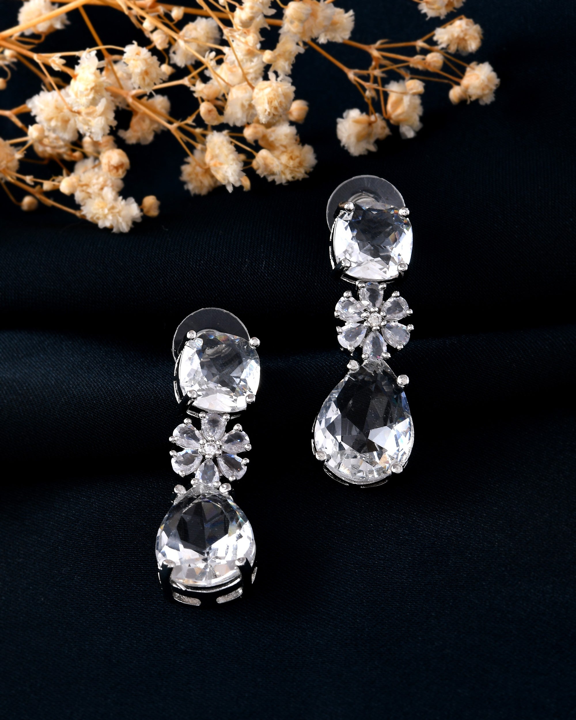 VOJ Silver Plated Stone Studded Floral Shaped Studs Earrings
