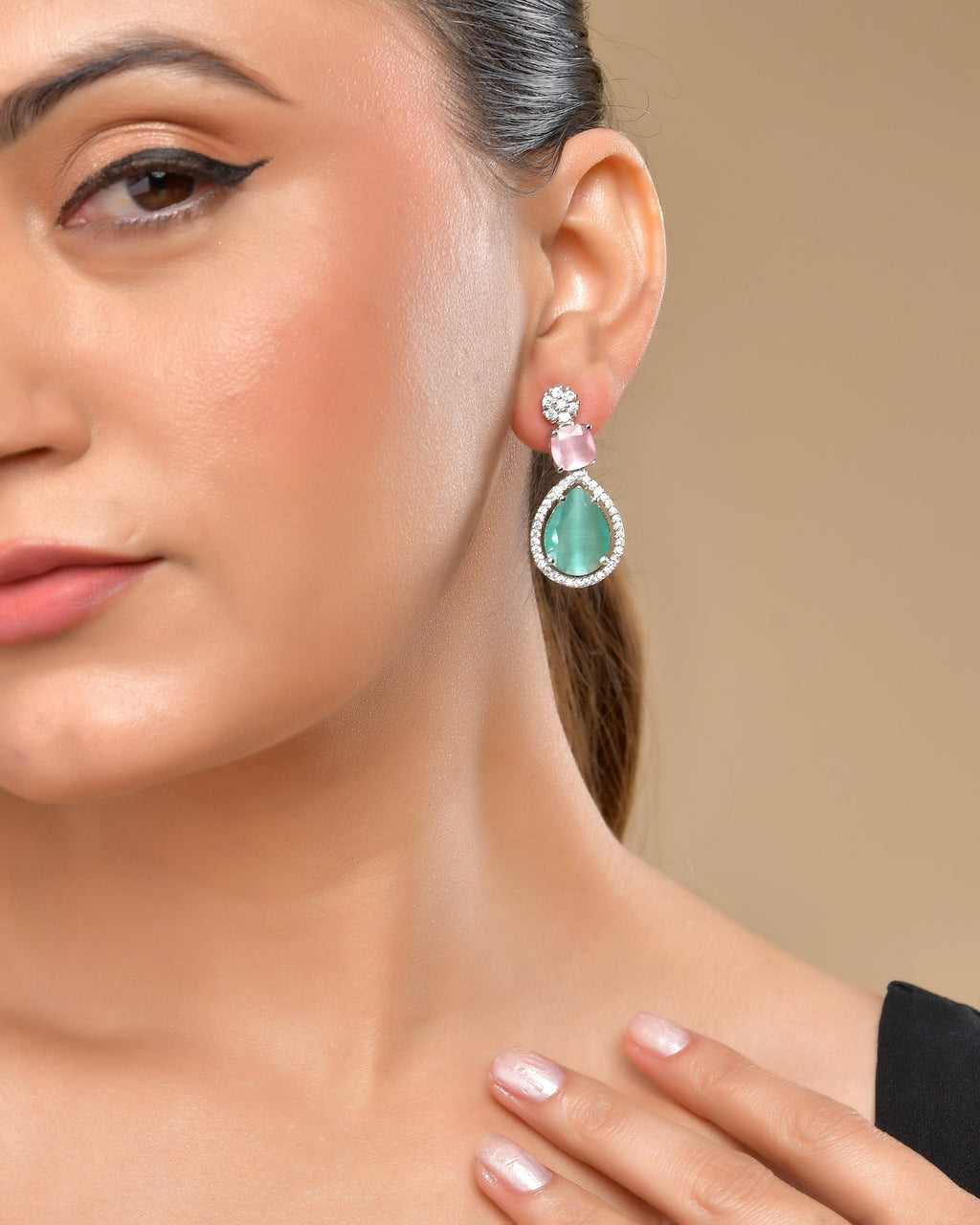 VOJ Silver Plated Teal And Pink Stone Studded Elegant Earrings