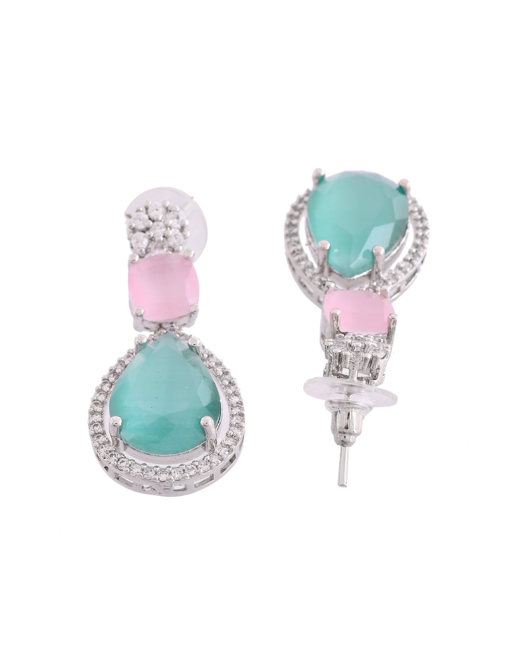VOJ Silver Plated Teal And Pink Stone Studded Elegant Earrings