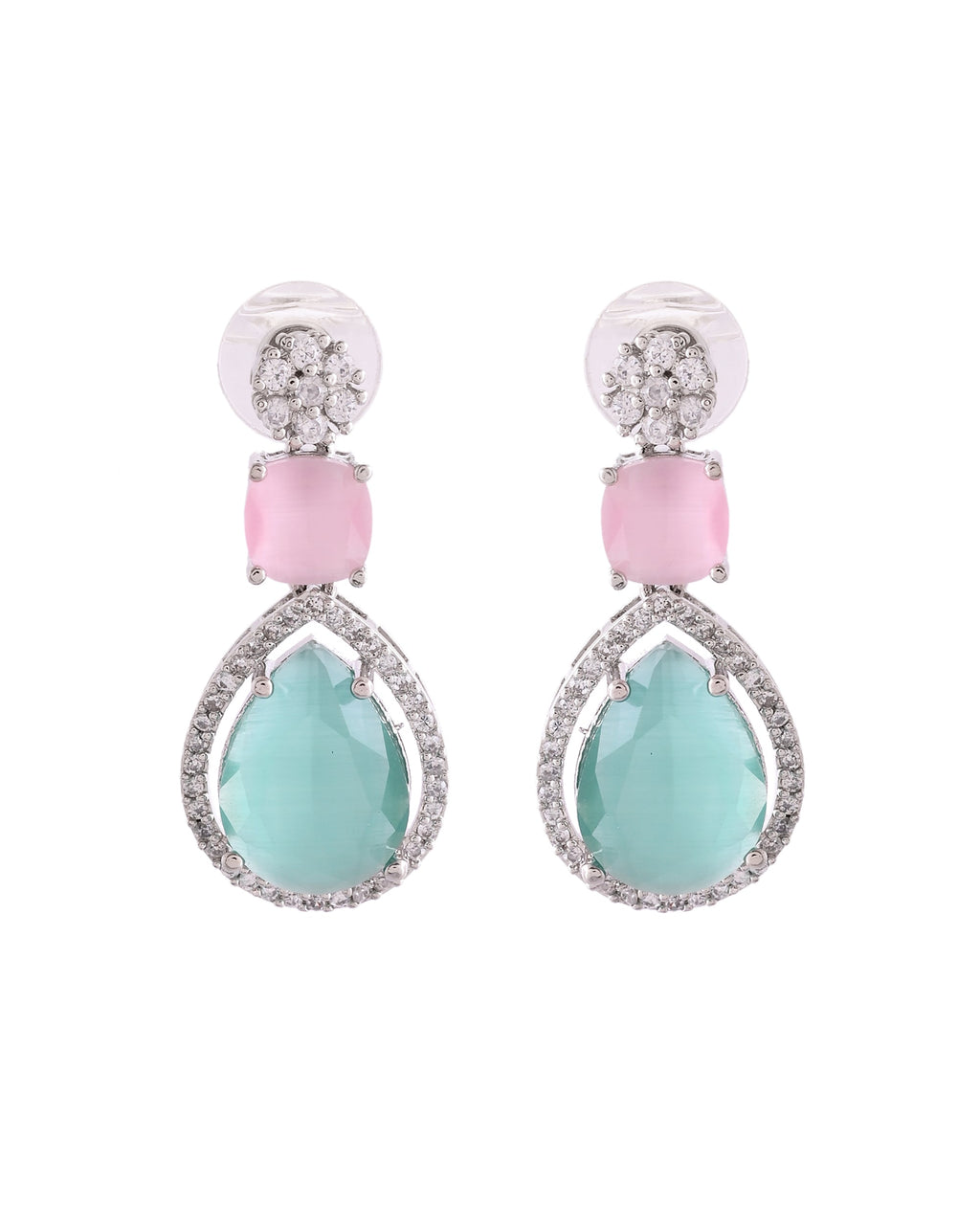VOJ Silver Plated Teal And Pink Stone Studded Elegant Earrings