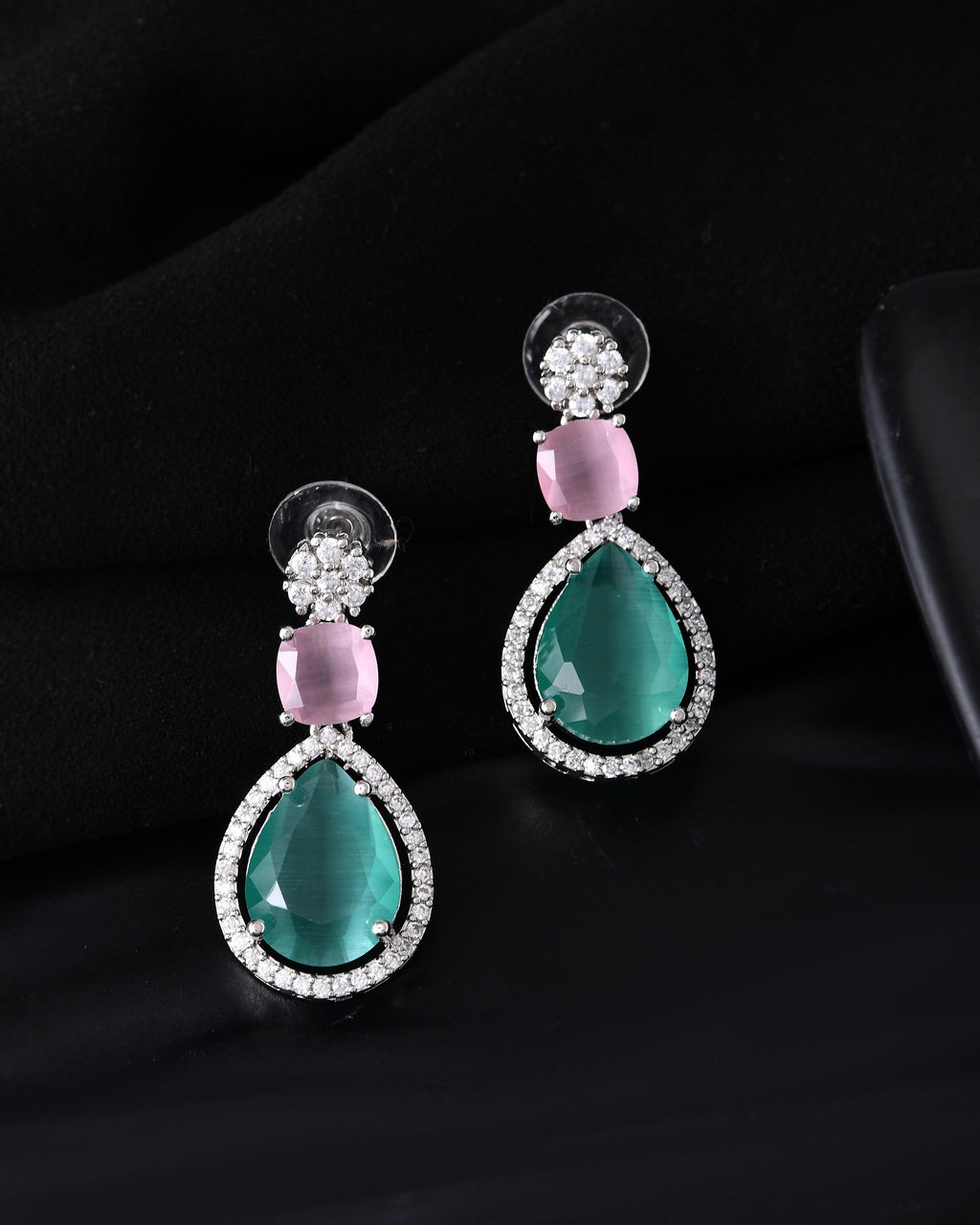 VOJ Silver Plated Teal And Pink Stone Studded Elegant Earrings
