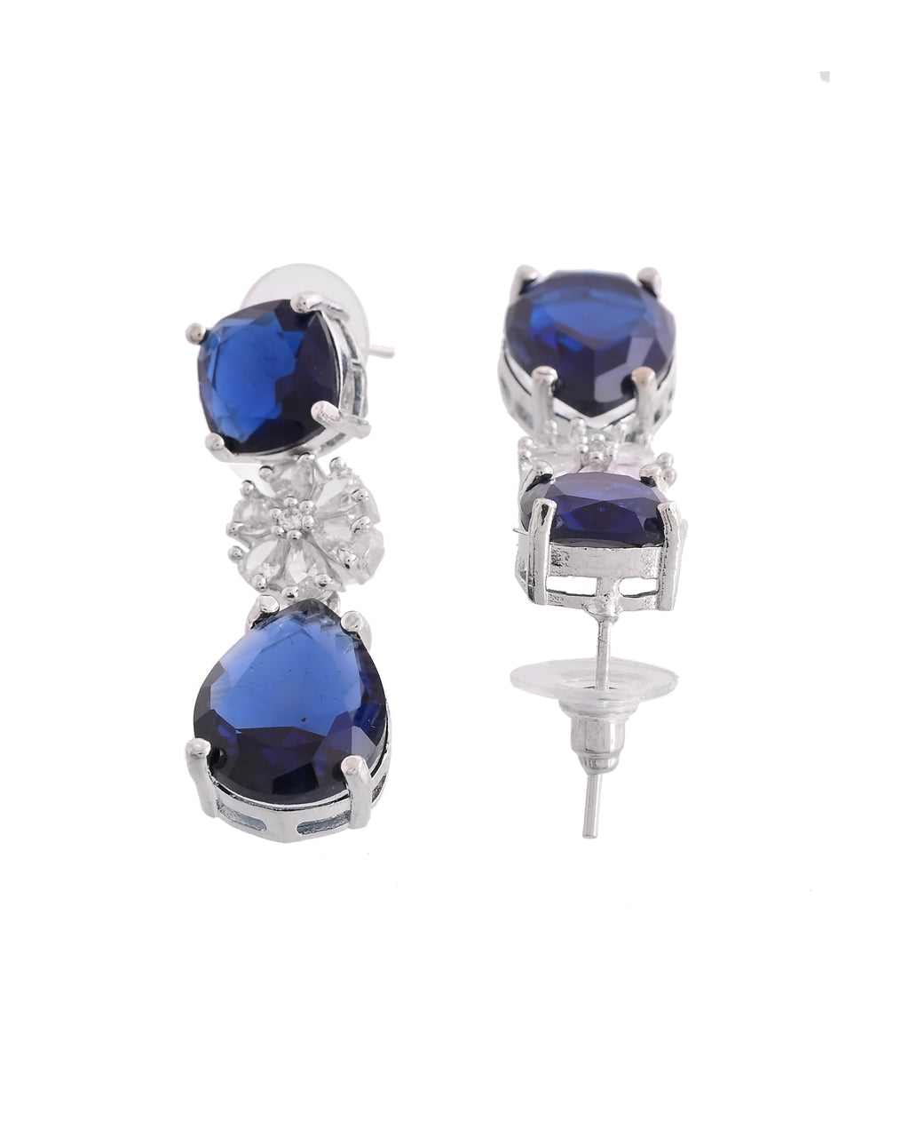 VOJ Silver Plated Blue Stone Studded Floral Shaped Studs Earrings