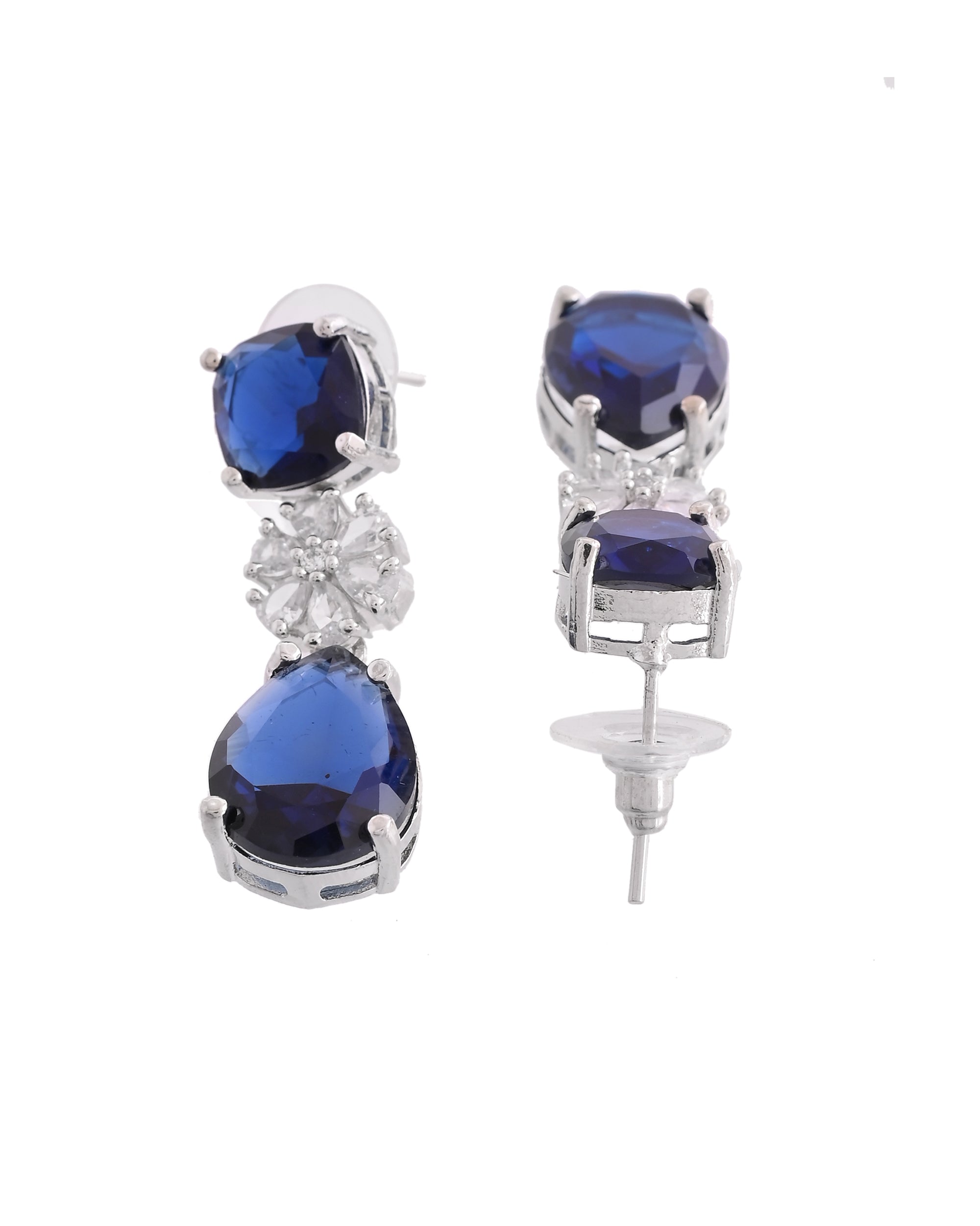 VOJ Silver Plated Blue Stone Studded Floral Shaped Studs Earrings