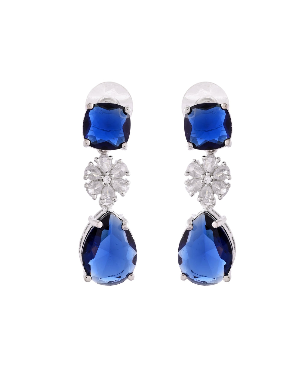 VOJ Silver Plated Blue Stone Studded Floral Shaped Studs Earrings