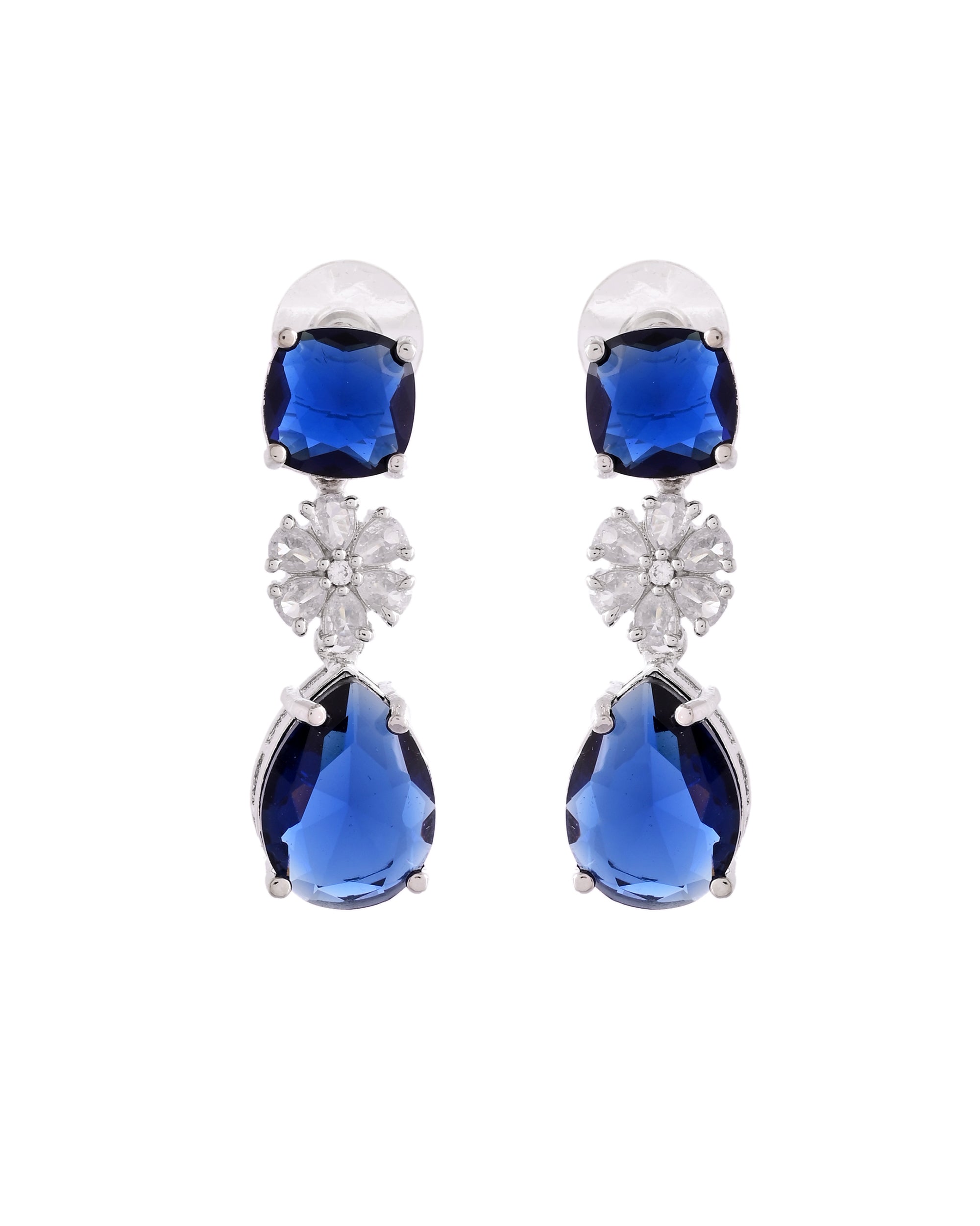 VOJ Silver Plated Blue Stone Studded Floral Shaped Studs Earrings