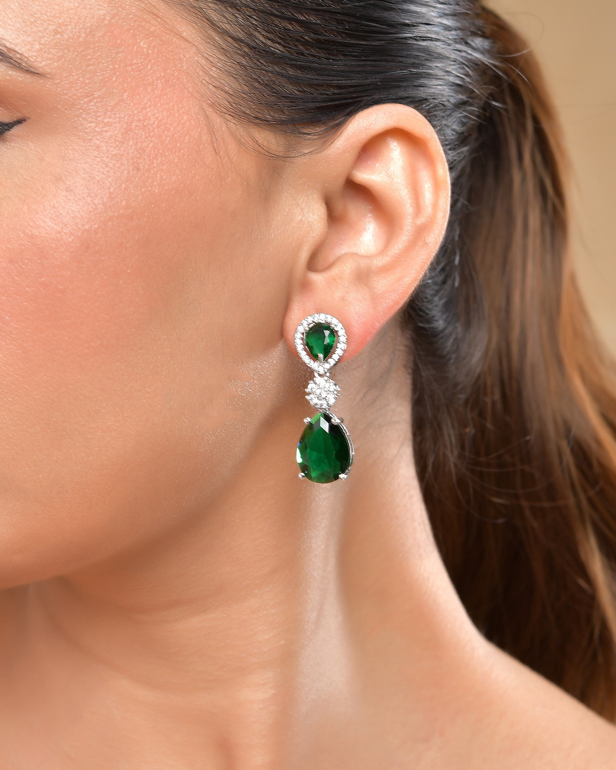 VOJ Silver Plated Green Stone Studded Floral Shaped Studs Earrings