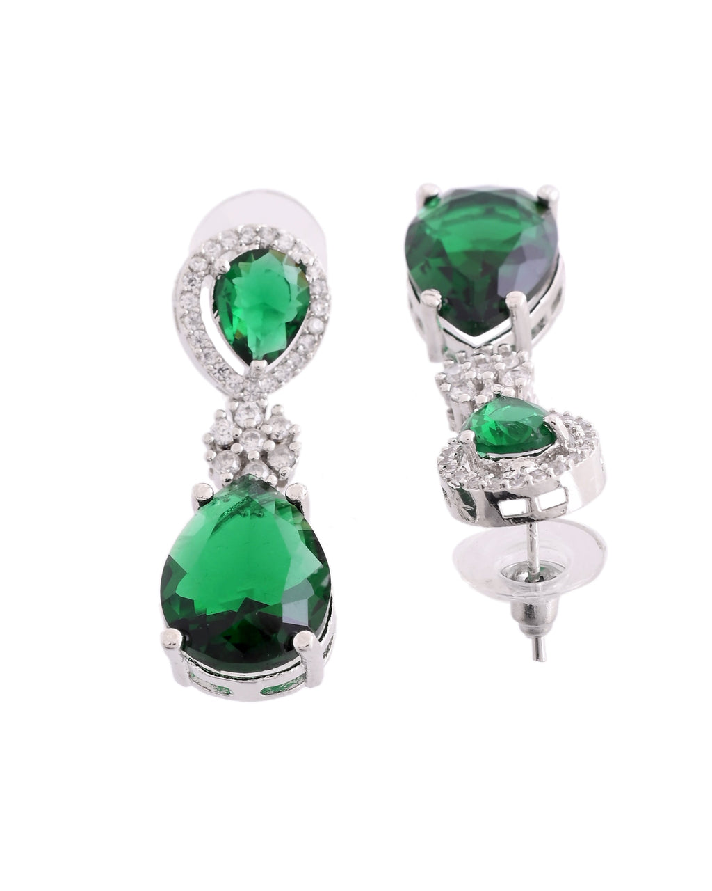 VOJ Silver Plated Green Stone Studded Floral Shaped Studs Earrings