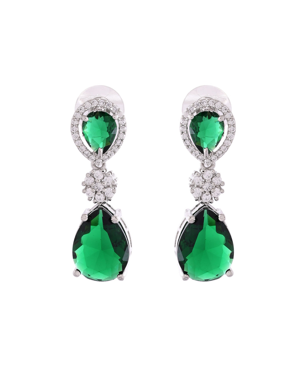 VOJ Silver Plated Green Stone Studded Floral Shaped Studs Earrings
