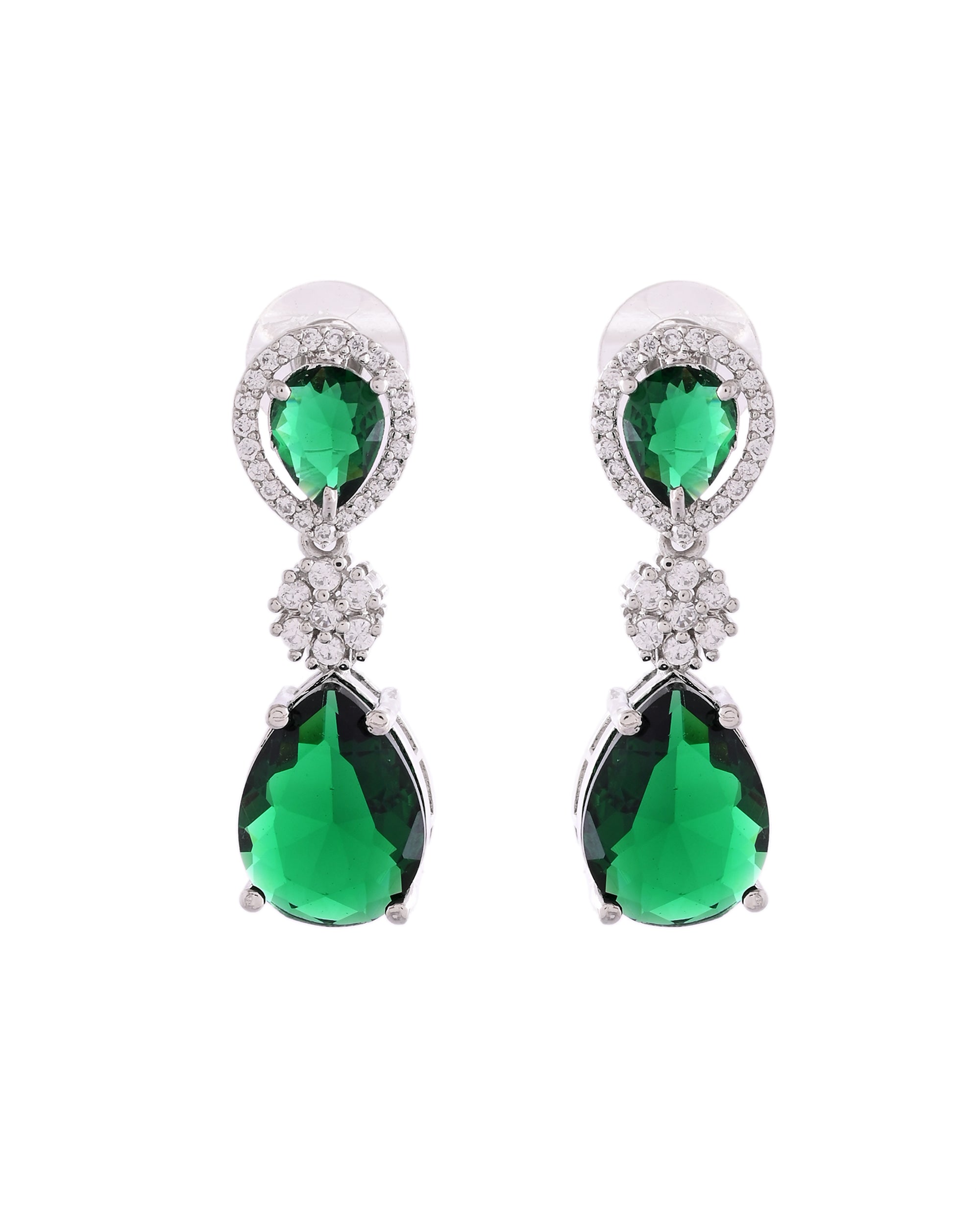 VOJ Silver Plated Green Stone Studded Floral Shaped Studs Earrings