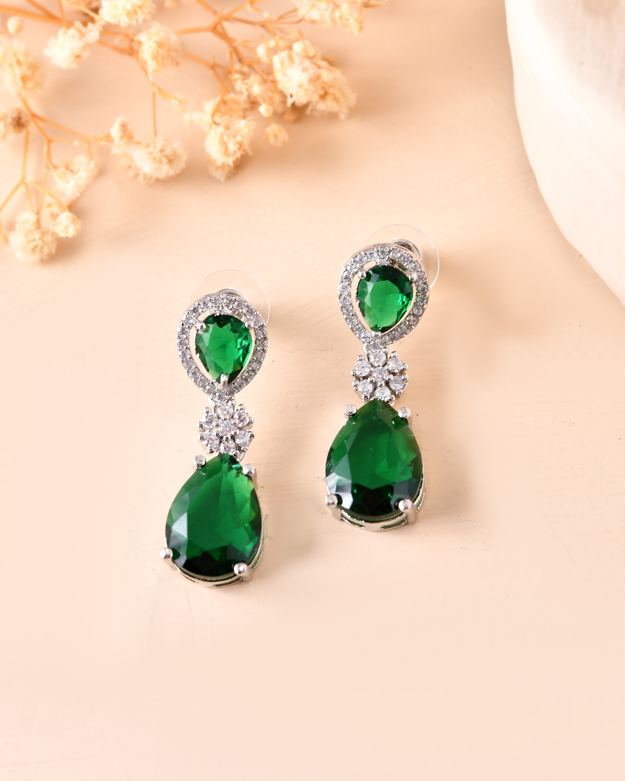 VOJ Silver Plated Green Stone Studded Floral Shaped Studs Earrings