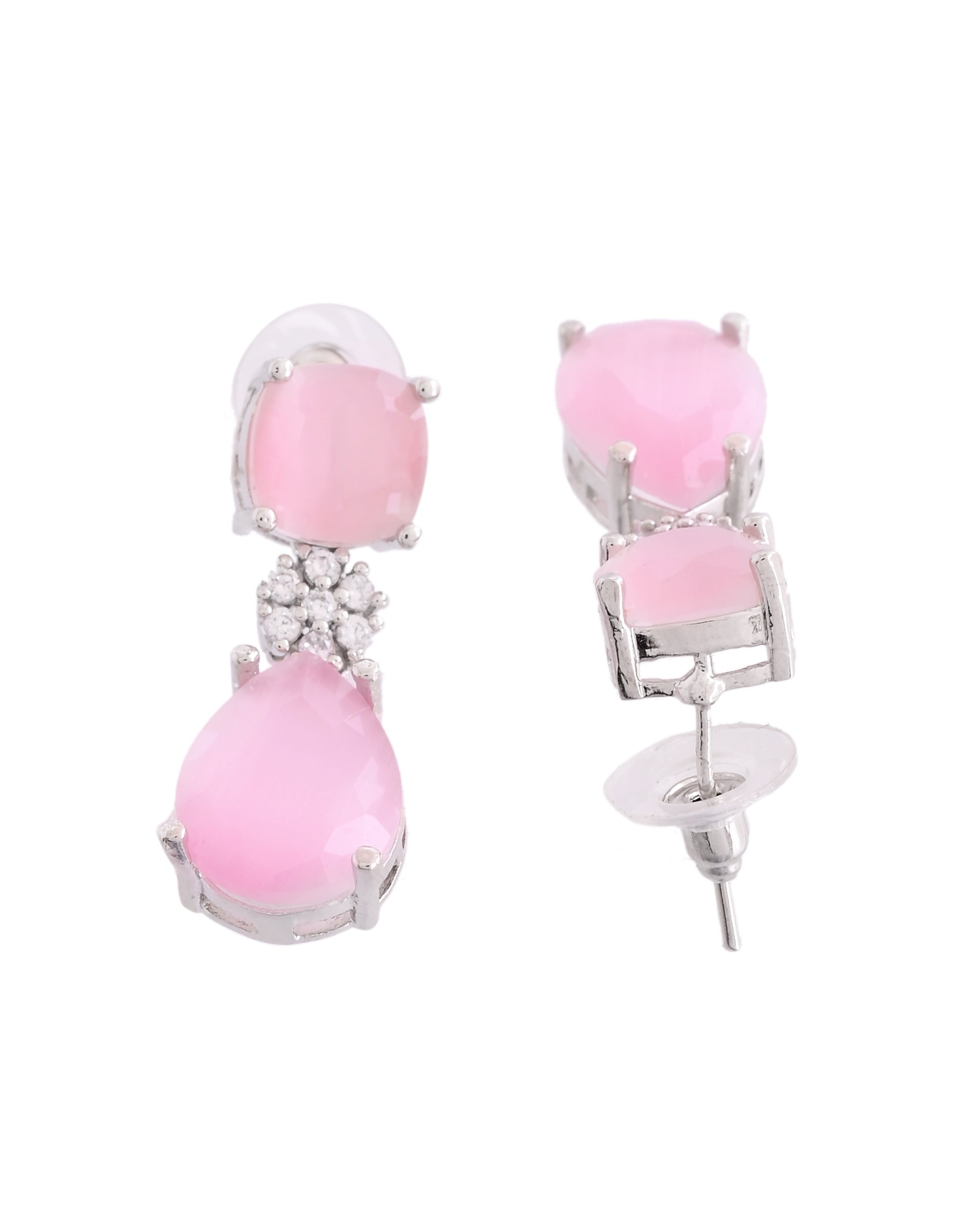 VOJ Silver Plated Baby Pink Stone Studded Floral Shaped Studs Earrings