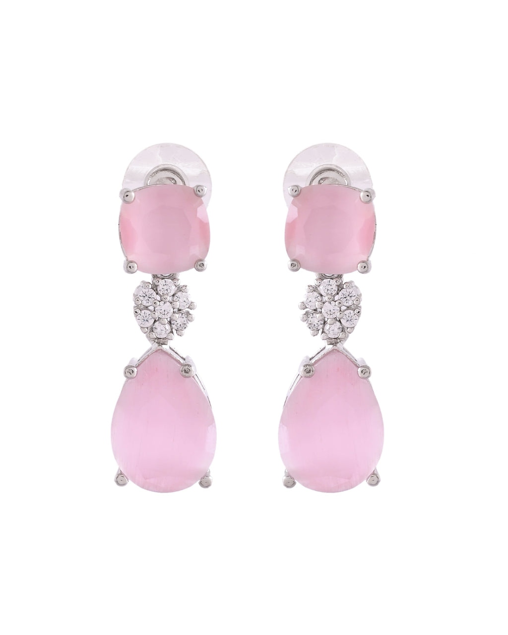 VOJ Silver Plated Baby Pink Stone Studded Floral Shaped Studs Earrings