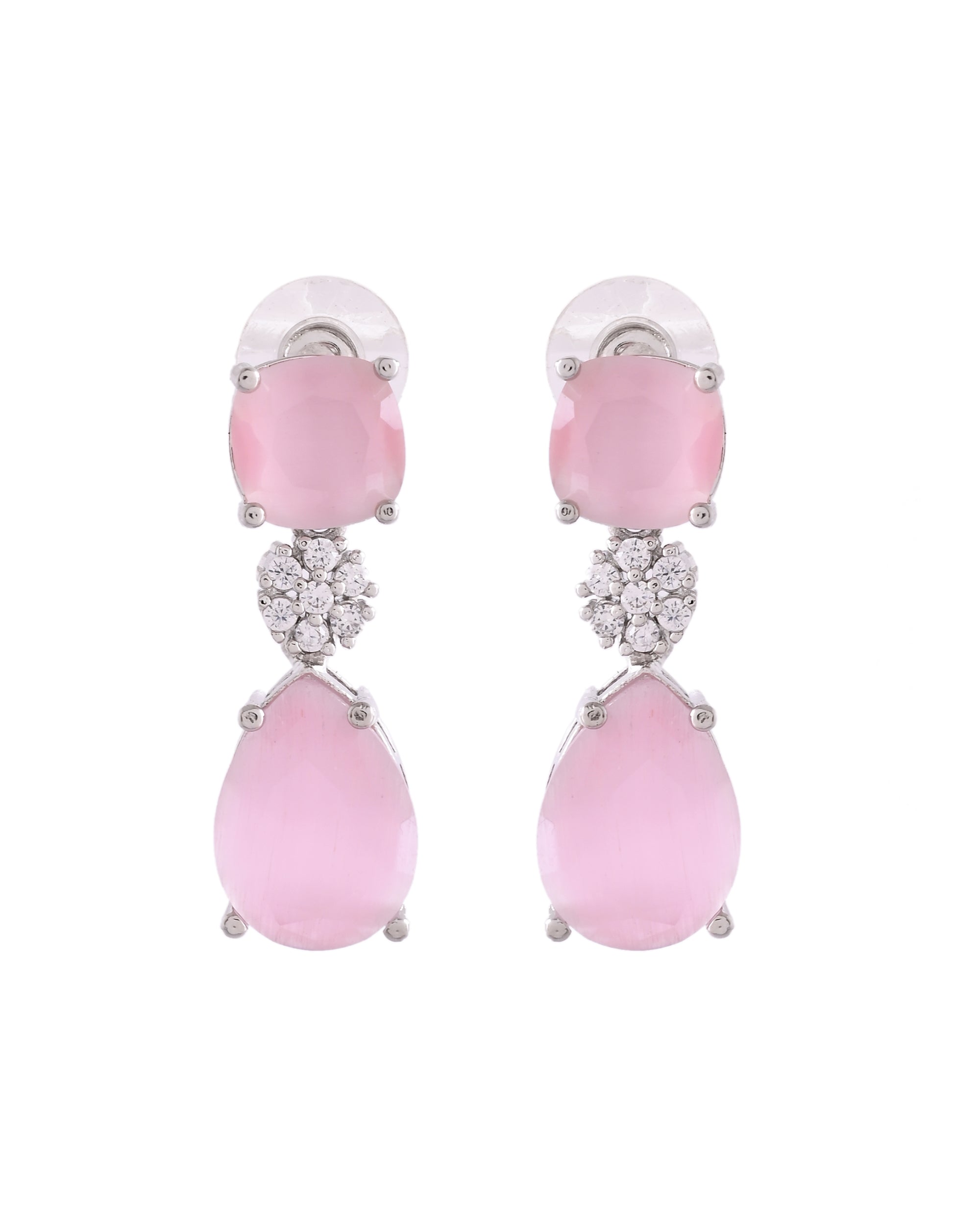 VOJ Silver Plated Baby Pink Stone Studded Floral Shaped Studs Earrings